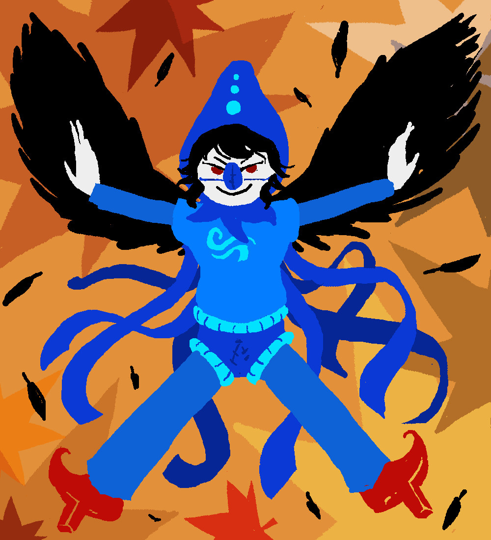 Aya as a Bard of Breath. 
Upon a background of autumnal leaves, she strikes an outstretched pose with her wings spread forth alongside her arms, leaving black feathers to dance all about her. 
Of note about her outfit, her pointy red shoes have a single block extending out from the sole like the geta sandals Tengu usually wear.
As well, the codpiece part has been removed from the crotch area of the outfit, with the area stitched up and the piece itself stuck onto her nose, which is held on by a thin blue string wrapped around her face.