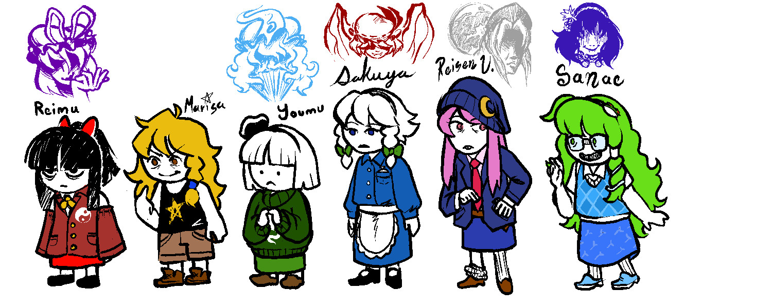 Touhoustuck lineup WIP. Six characters, with colored renders of their guardians above them that look all cool and mysterious.
Reimu looks tired and grumpy. She's got her long hair in a red bow, but no hair tubes. Long off-red coat with detached sleeves that have been sewn to stay on her arms. Yellow ribbon around her undershirt's collar, and a bright red skirt and black shoes. Her symbol is a white Yin-yang printed on her jacket. Purple Yukari is above her.
Marisa looks tired but excited as she gives you the bird. Long messy blonde hair with a braid on the left side of her face, fixed by some blue hairtie of sorts. Black tanktop, brown shorts, and some brown sneakers. Symbol is a yellow star printed on her tank top. No guardian above her.
Youmu looks nervous with her pointer fingers pursed together in front of her. White shoulder-length straight hair with a black hairband with a ribbony bit coming off her right side. Dark green oversized turtleneck sweater, lighter green skirt, and brown shoes. Her symbol is a white ghost print on her sweater. Light blue Yuyuko is above her.
Sakuya looks pretty neutral, with white shortisth hair, two side braids going hold by green bows, and a white hairband. She wears a blue button up and skirt, with a white apron tied around her waist, and some white socks and black shoes. Her symbol is her pocketwatch, secured in her shirt's chest pocket. A deep red Remilia is above her.
Reisen looks nervous and bothered by Sanae next to her. Long pink hair with a dark beanie on, which has a moon pin on it. light pink undershirt, red tie, dark overcoat, blue skirt, long ill-fitting white socks, and brown shoes. Her target symbol isn't there, but a gray Eirin is above her.
Sanae looks happy to see Reisen. Bright green long hair, with a hairband with a frog and a hairtube and a snake accessory on her left side. white undershirt, blue patterned vest, darker blue patterned skirt, white socks and light blue shoes. No symbol, dark blue Kanako above. 