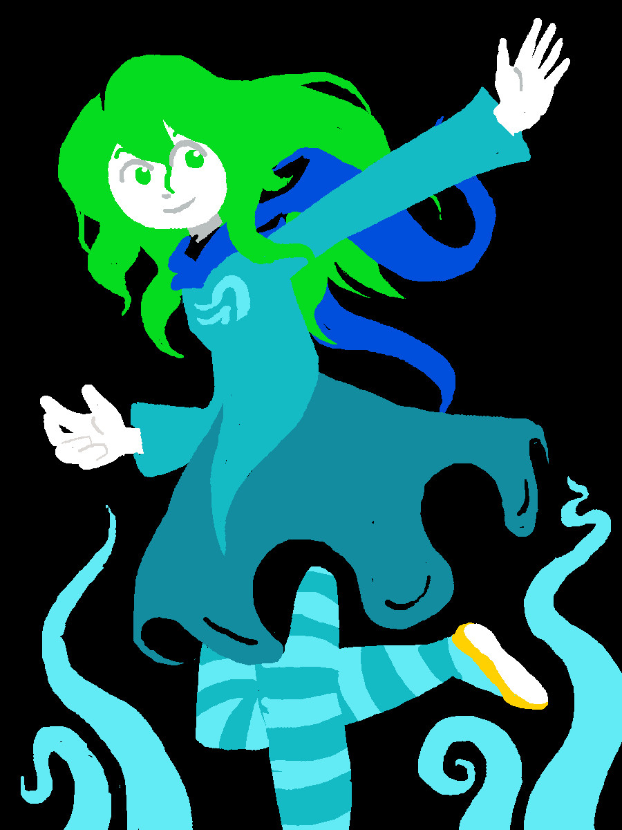 Sanae as a Witch of Breath. She's  in a dynamic pose as windy swirls spring forth from below her.