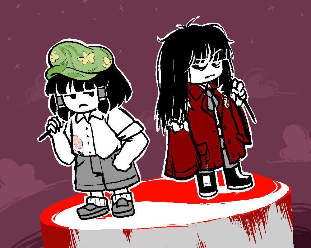 Two takes on Reimu stand atop a yin-yang platform. 
On the left is Nautist's take, with a Reimu dressed like Zun, with a green floral hat, a button-up shirt with a faint red yin-yang on it, and some basic shorts and shoes. Her hair is shoulder-length with the hair tubes on each side.
On the right is my take, with linger unkempt hair and an old, oversized red jacket with it's torn-off sleeves tied up by bows to stay on her arms. It has a yin-yang pin stuck to it, a ribbon tied around an white undeshirt, and some pants that are tucked into long boots underneath it.
Both Reimus are holding their goheis, with Nautist's Reimu's holding a shorter, straighter one, and mine being longer with a bend to it.