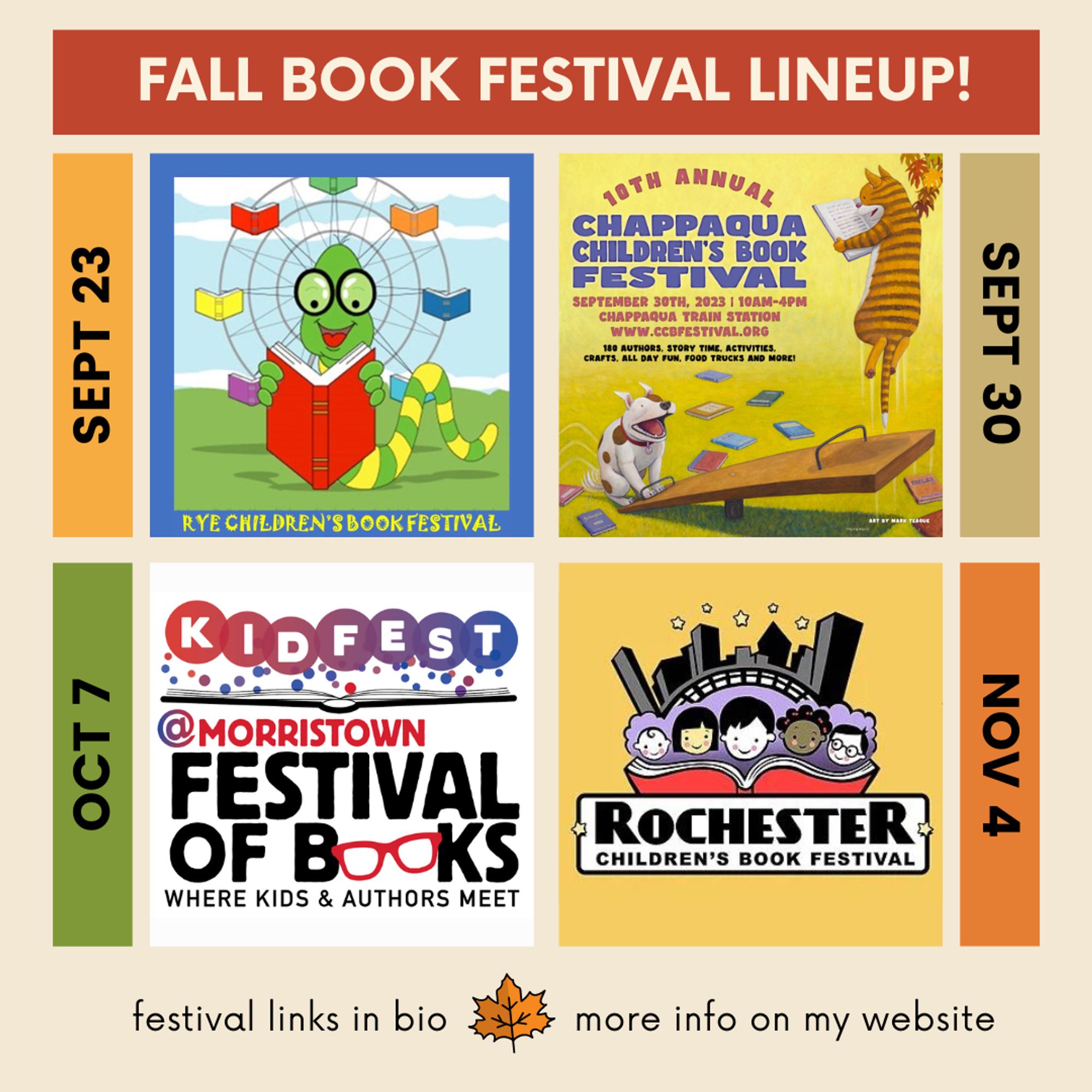 Graphic promoting four fall book festivals: Rye Children's Book Festival on September 23, Chappaqua Children's Book Festival on September 30, Morristown Festival of Books on October 7, and Rochester Children's Book Festival on November 4.