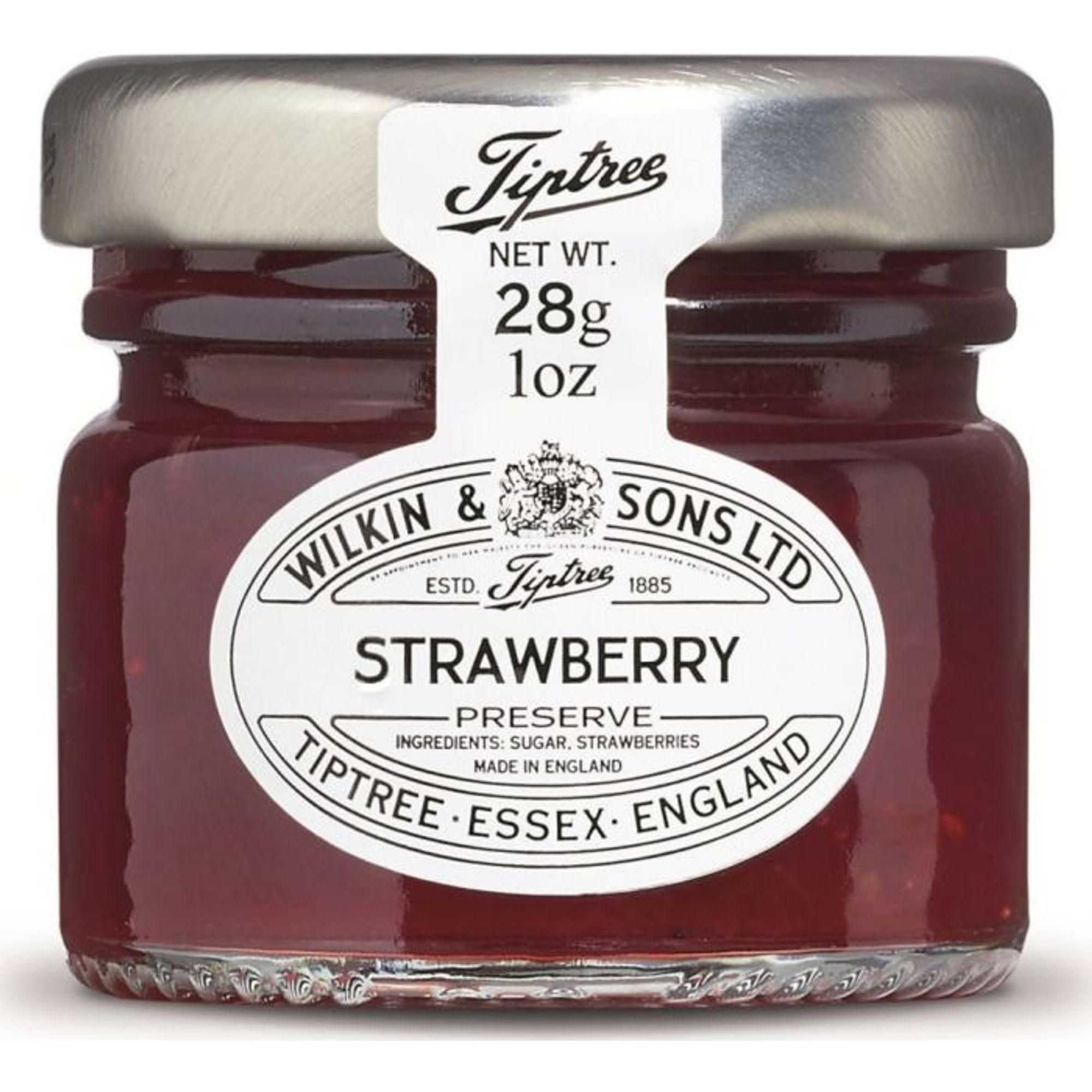 A jar of Tiptree strawberry jam. Labelled Essex, England.