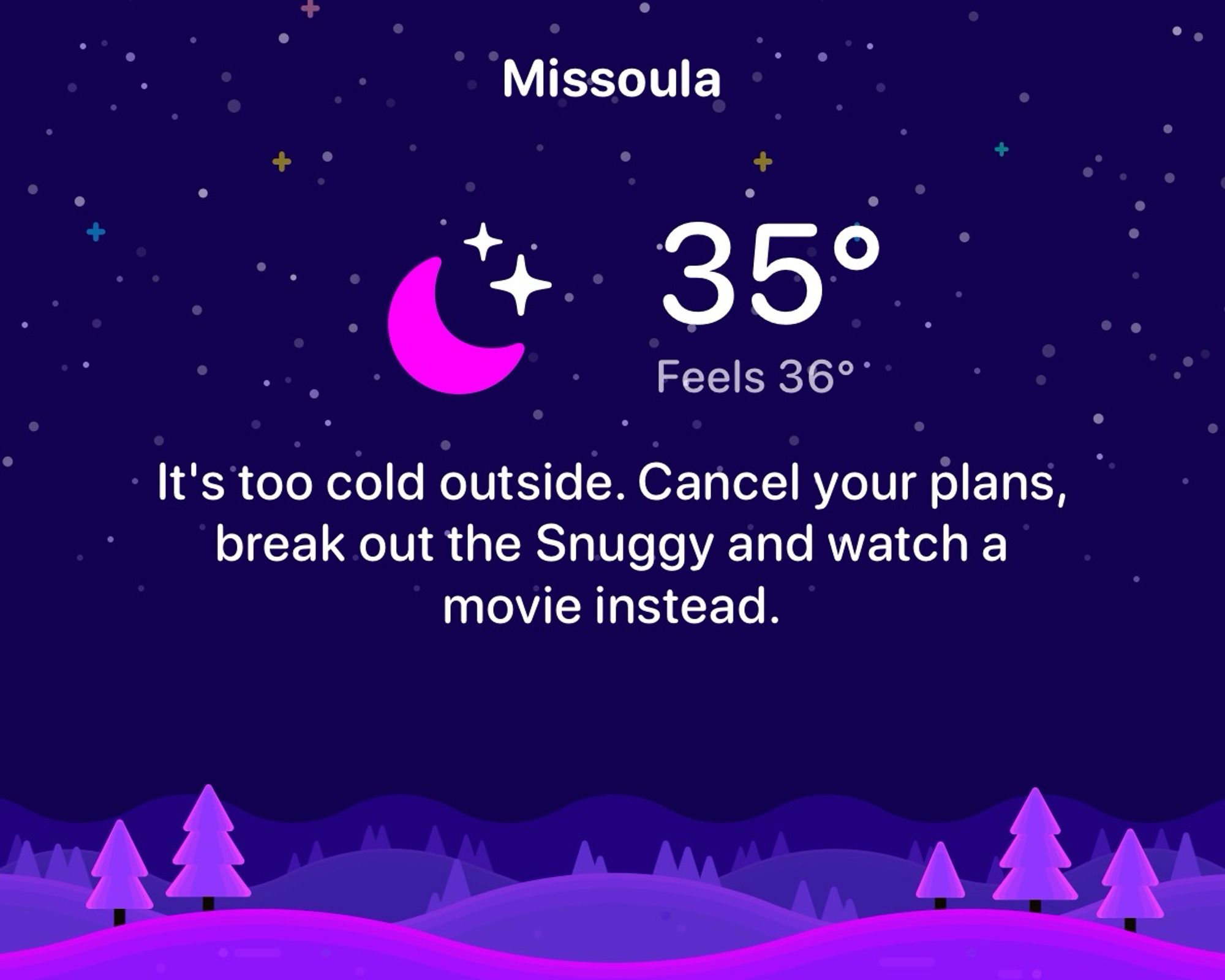 A screenshot from Carrot weather showing the temperature at 6:30AM in Missoula, MT. That temperature is 35°F/2°C. Happy fall y’all