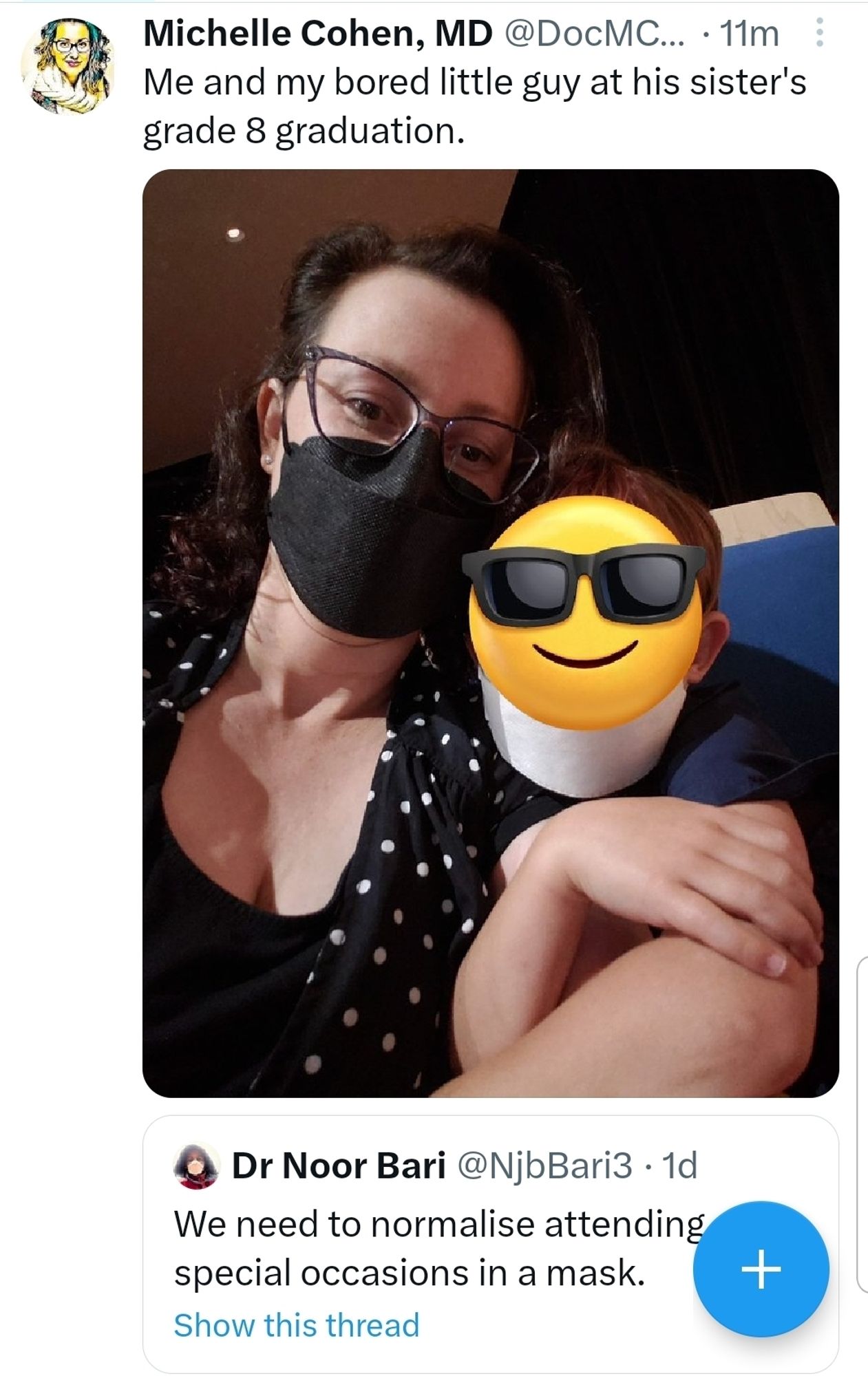 Selfie of me and my 6 yr old sitting in an auditorium. The photo is a QT of a tweet from Dr. Noor Bari that says: "We need to normalise attending special occasions in a mask."