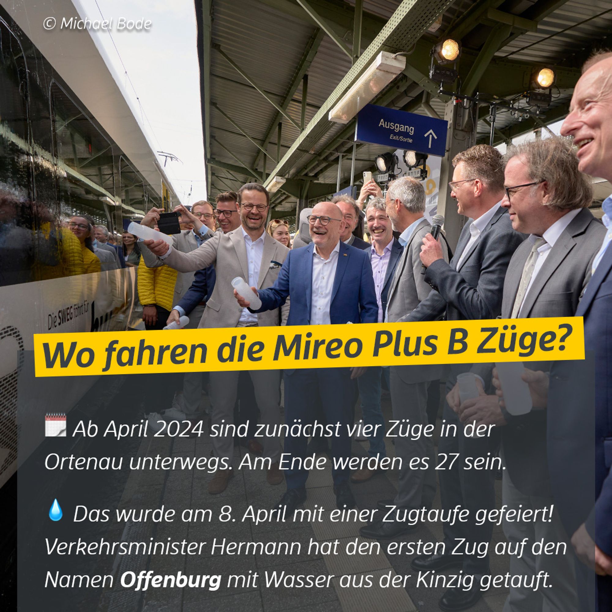 Das Bild zeigt die offizielle Zugtaufe am 8. April 2024. Dazu folgender Text: Wo fahren die Mireo Plus B Züge? Ab April 2024 sind zunächst vier Züge in der Ortenau unterwegs. Am Ende werden es 27 sein. Das wurde am 8. April mit einer Zugtaufe gefeiert! Verkehrsminister Hermann hat den ersten Zug auf den Namen Offenburg mit Wasser aus der Kinzig getauft. Bildquelle: Michael Bode