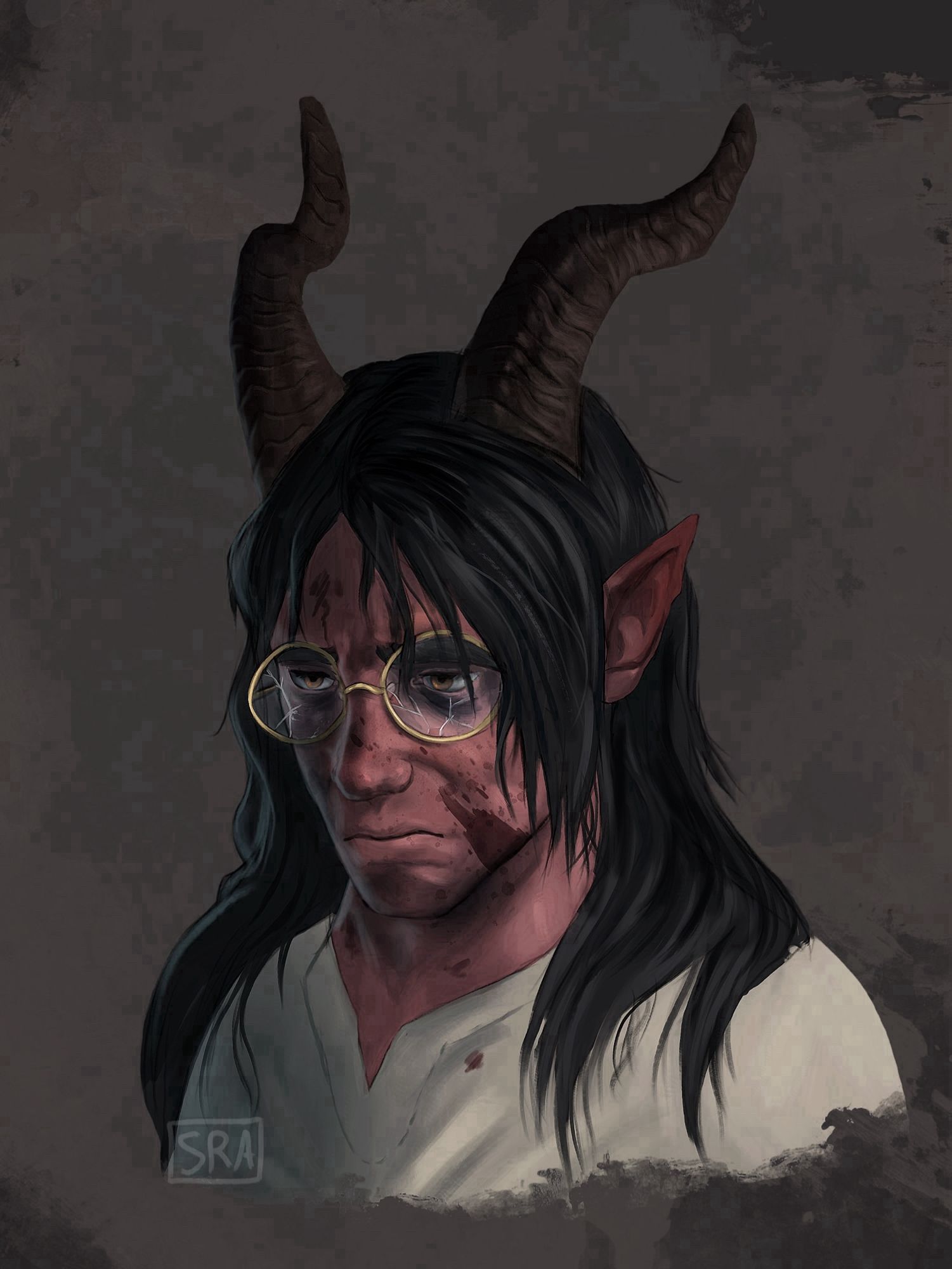 A despondent tiefling with cracked glasses and blood spattered on his face