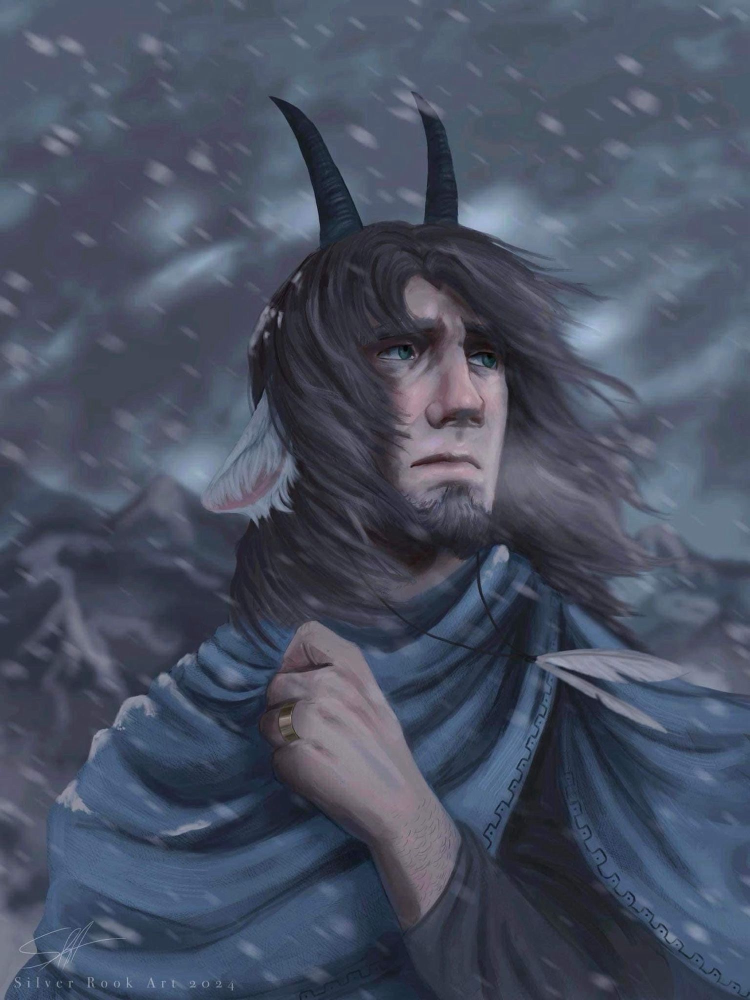 A forlorn satyr lost in a mountain during a blizzard