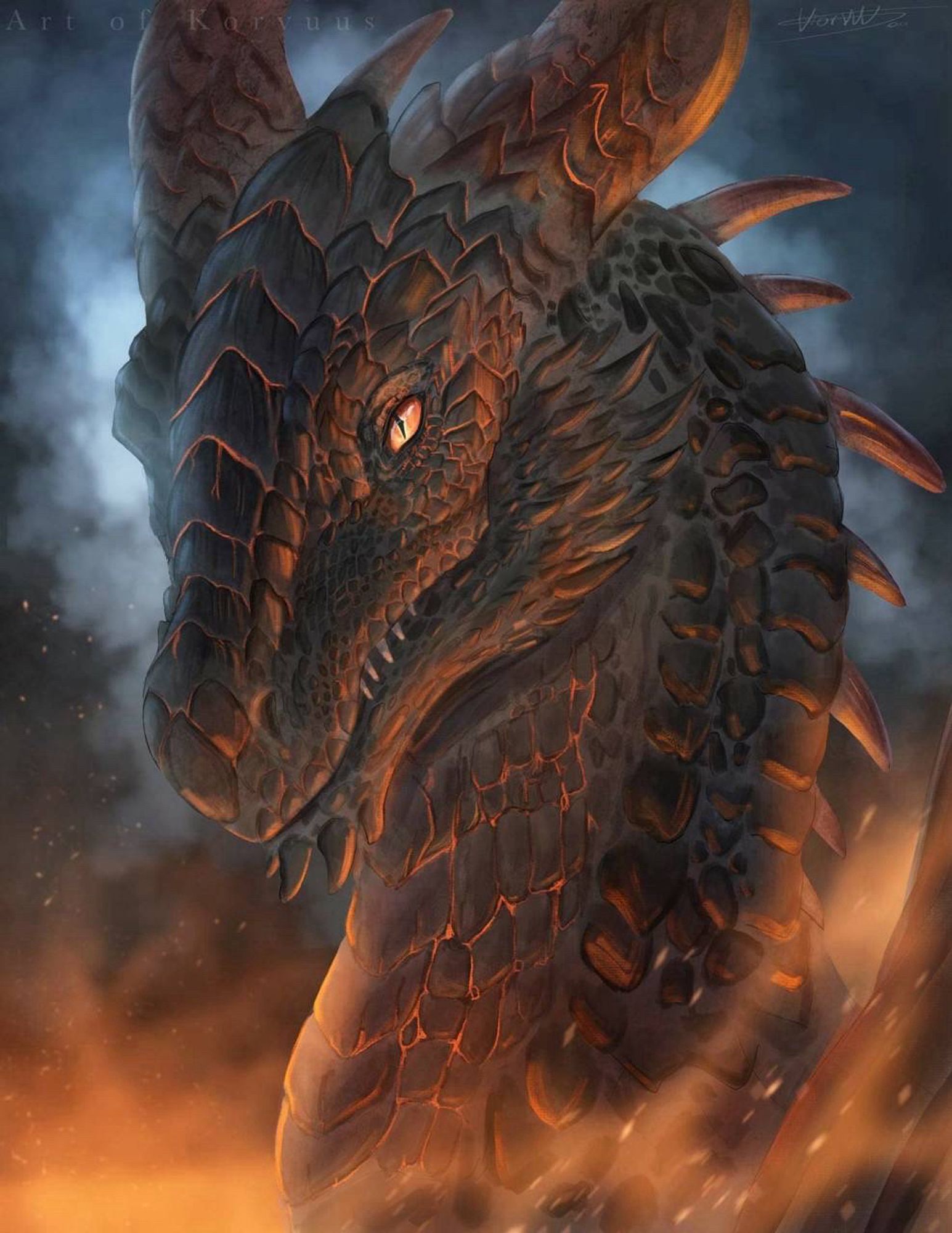 A fiery black dragon emerging from flames and sparks