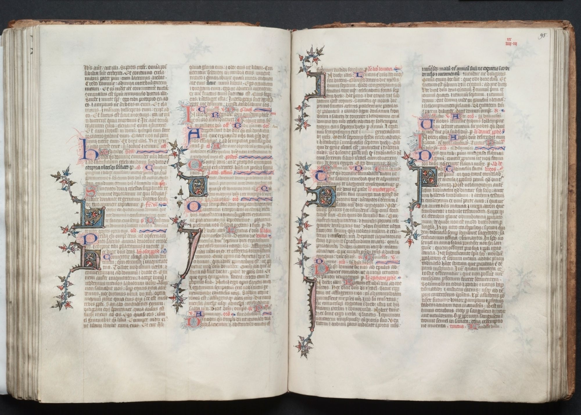 This elegant Latin manuscript is known today as The Gotha Missal after its eighteenth-century owners, the German Dukes of Gotha. The volume was originally copied and illuminated in Paris around 1375 -- a commission of the Valois king, Charles V "the Wise" (1364-1380), one of the great bibliophiles of the fifteenth century and brother of Dukes Philip the Bold of Burgundy and Jean de Berry. Manuscript missals were not intended for the lay user, but rather for the use of the celebrant at Mass. The present volume was therefore meant to be used by the king's private chaplain and was probably housed in Charles's private chapel, possibly in his principle residence, the Palace of the Louvre (demolished in the sixteenth century). The main decorative body of the missal consists of two full-page miniatures comprising the Canon of the Mass and twenty-three small miniatures. The style and high quality of the decoration points to its inclusion withing a select group of manuscripts accepted today as from the hand of Jean Bondol. Bondol was active at the court of Charles V from 1368 until 1381 where he headed the court workshop and also served as the king's valet de chambre. The blind-tooled leather binding dates to the fifteenth century.