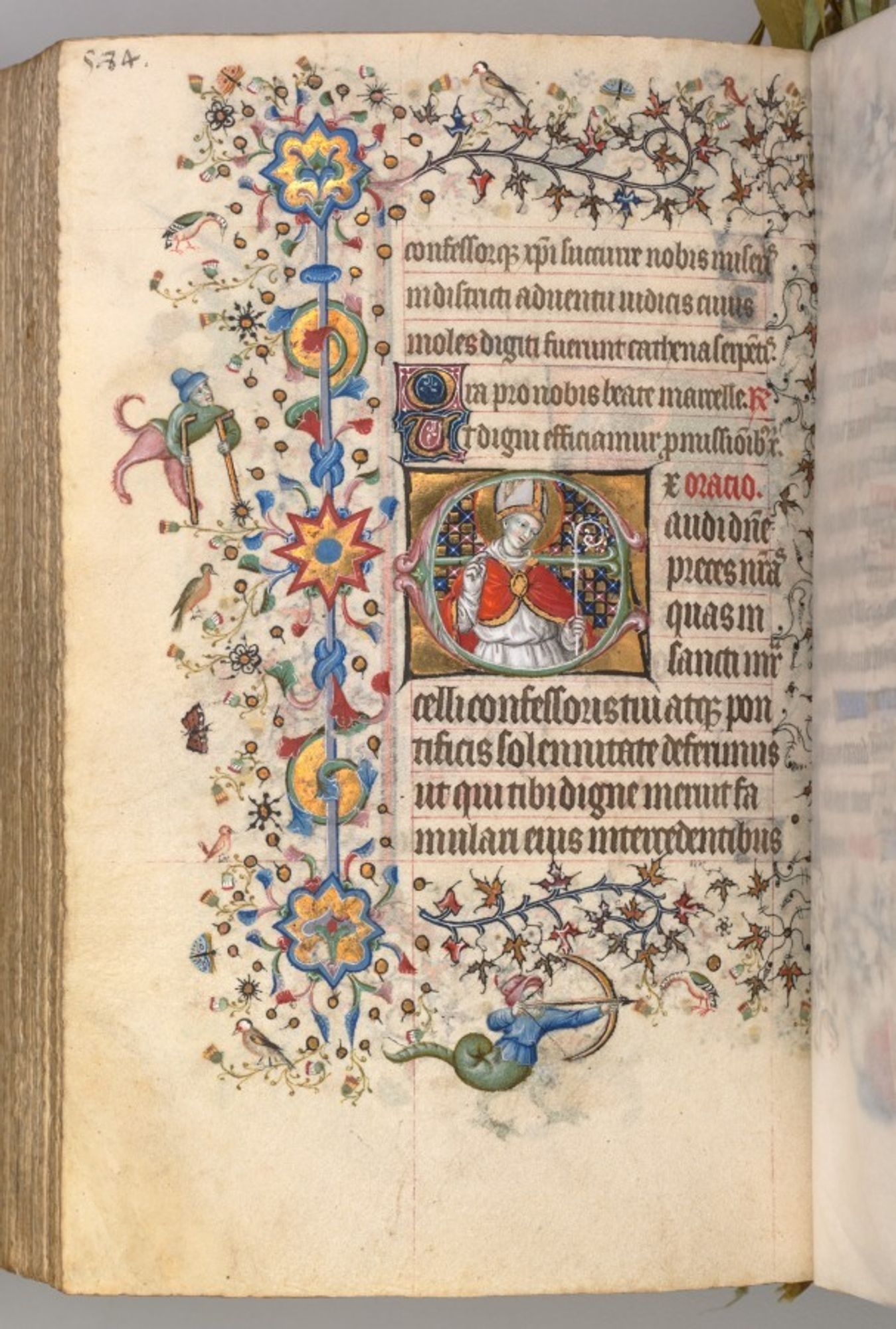 This precious volume was obviously highly prized by its owner, the French-born King of Navarre, who had his coat of arms painted on no less than twenty folios.  Rather than directly commissioning this manuscript from a specific workshop, it seems that Charles the Noble acquired his book of hours -- perhaps ready-made for the luxury market -- while on a trip to Paris in 1404-05.

A collaborative effort, six painting styles are evidenced within the pages of this codex, those of two Italians, two Frenchmen, and two Netherlanders.  The painter who was responsible for the planning and decoration of the book, and who produced seventeen of the large miniatures, was a Bolognese artist known as the Master of the Brussels Initials.  His principal assistant, responsible for most of the borders, was a Florentine who signed his name "Zecho" da Firenze on folio 208 verso.
