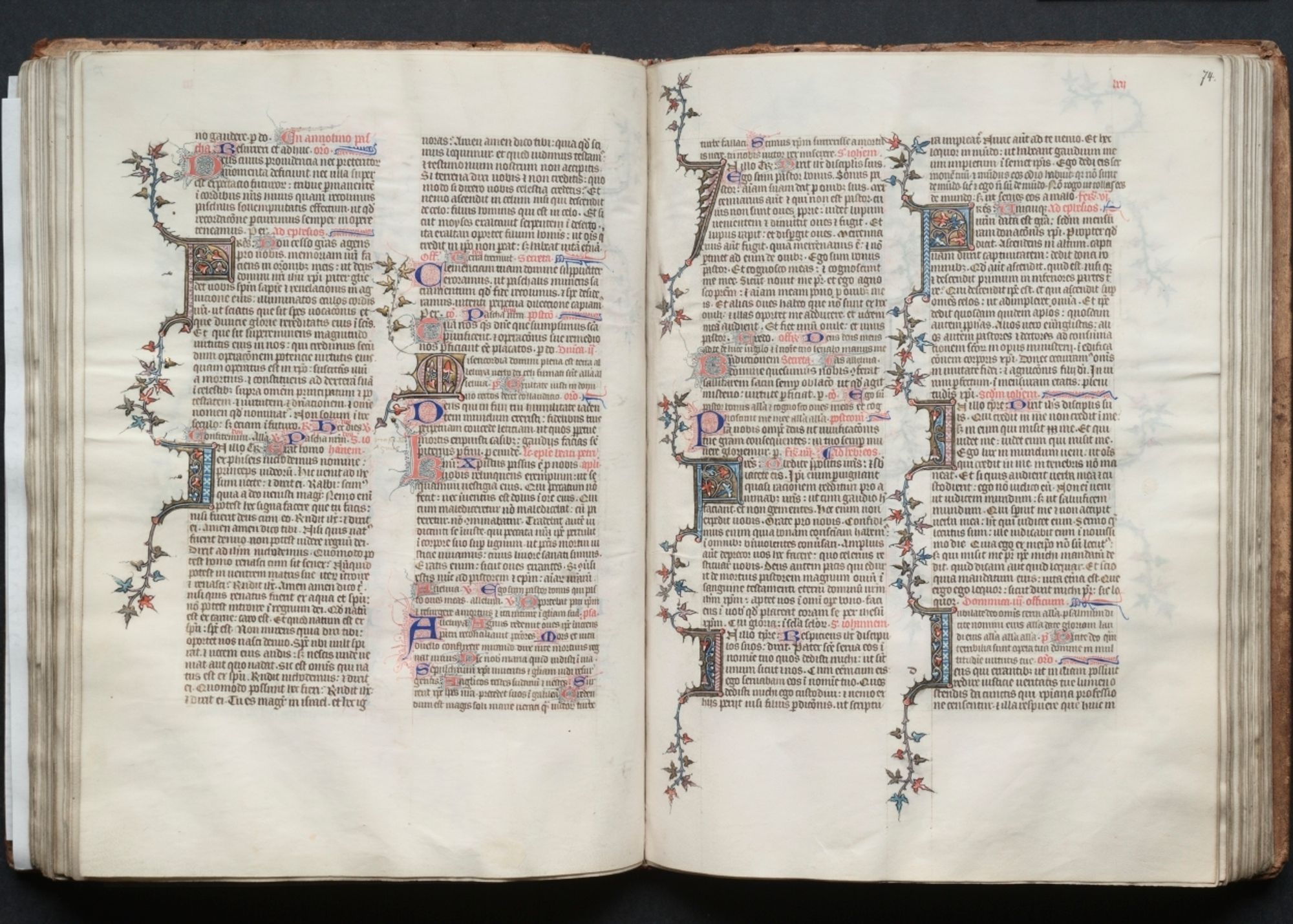 This elegant Latin manuscript is known today as The Gotha Missal after its eighteenth-century owners, the German Dukes of Gotha. The volume was originally copied and illuminated in Paris around 1375 -- a commission of the Valois king, Charles V "the Wise" (1364-1380), one of the great bibliophiles of the fifteenth century and brother of Dukes Philip the Bold of Burgundy and Jean de Berry. Manuscript missals were not intended for the lay user, but rather for the use of the celebrant at Mass. The present volume was therefore meant to be used by the king's private chaplain and was probably housed in Charles's private chapel, possibly in his principle residence, the Palace of the Louvre (demolished in the sixteenth century). The main decorative body of the missal consists of two full-page miniatures comprising the Canon of the Mass and twenty-three small miniatures. The style and high quality of the decoration points to its inclusion withing a select group of manuscripts accepted today as from the hand of Jean Bondol. Bondol was active at the court of Charles V from 1368 until 1381 where he headed the court workshop and also served as the king's valet de chambre. The blind-tooled leather binding dates to the fifteenth century.