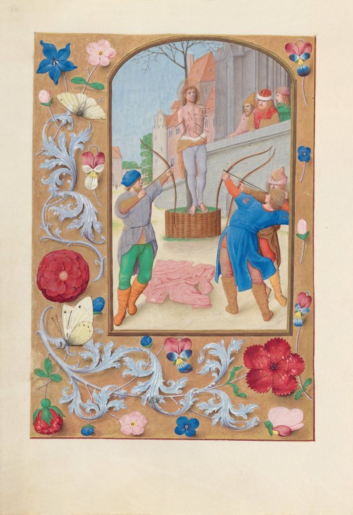 This manuscript was illuminated by a circle of at least five highly organized manuscript painters active in the Flemish cities of Ghent and Bruges. The principal illuminator was Alexander Bening, who painted the majority of the book's miniatures. Manuscripts produced by this circle of artists are renowned for the decoration of their borders, which typically feature a rich variety of realistically-painted flowers, birds, and butterflies. This prayer book, called a book of hours, was intended not for a cleric, but for the private devotions of a lay person-in this case, Isabella the Catholic, Queen of Spain (1451-1504). Isabella's coat of arms embellishes the book's frontispiece. It is unlikely that the book was commissioned by the Queen herself; rather, she probably received it as a diplomatic gift from someone courting her patronage, perhaps Cardinal Francisco Jimenez de Cisneros. A Franciscan friar, Jimenez was dependent upon Isabella for his advancement, first to the post of Queen's confessor in 1492, and then to Archbishop of Toledo in 1495.