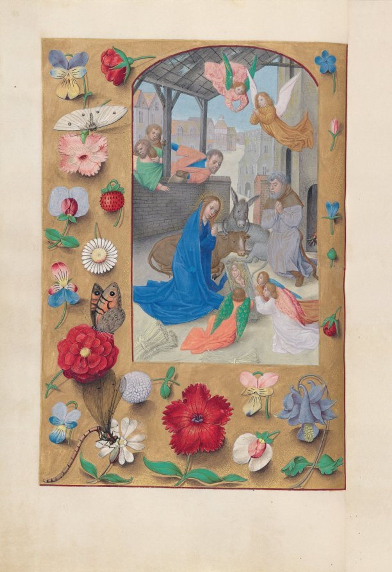 This manuscript was illuminated by a circle of at least five highly organized manuscript painters active in the Flemish cities of Ghent and Bruges. The principal illuminator was Alexander Bening, who painted the majority of the book's miniatures. Manuscripts produced by this circle of artists are renowned for the decoration of their borders, which typically feature a rich variety of realistically-painted flowers, birds, and butterflies. This prayer book, called a book of hours, was intended not for a cleric, but for the private devotions of a lay person-in this case, Isabella the Catholic, Queen of Spain (1451-1504). Isabella's coat of arms embellishes the book's frontispiece. It is unlikely that the book was commissioned by the Queen herself; rather, she probably received it as a diplomatic gift from someone courting her patronage, perhaps Cardinal Francisco Jimenez de Cisneros. A Franciscan friar, Jimenez was dependent upon Isabella for his advancement, first to the post of Queen's confessor in 1492, and then to Archbishop of Toledo in 1495.