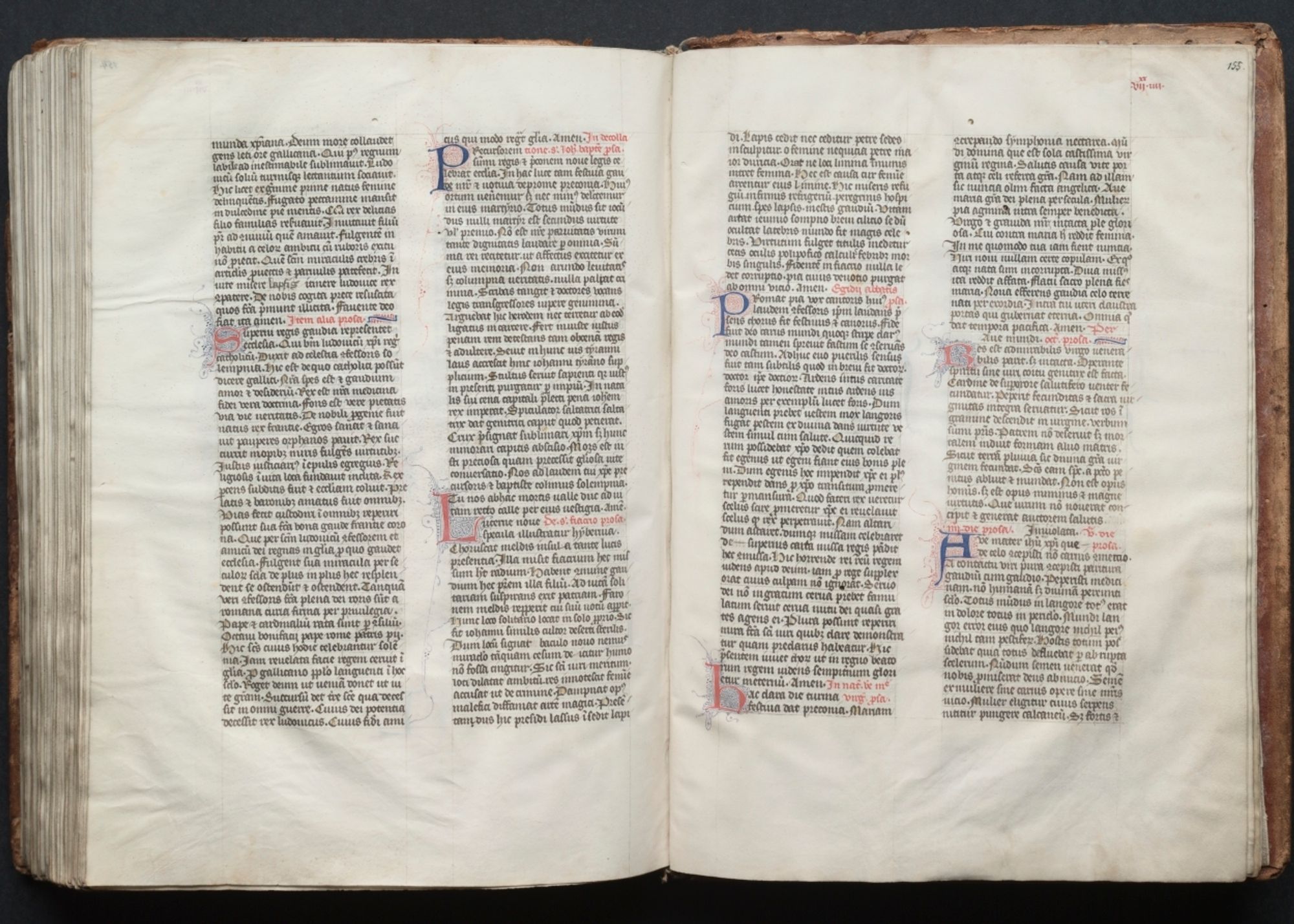 This elegant Latin manuscript is known today as The Gotha Missal after its eighteenth-century owners, the German Dukes of Gotha. The volume was originally copied and illuminated in Paris around 1375 -- a commission of the Valois king, Charles V "the Wise" (1364-1380), one of the great bibliophiles of the fifteenth century and brother of Dukes Philip the Bold of Burgundy and Jean de Berry. Manuscript missals were not intended for the lay user, but rather for the use of the celebrant at Mass. The present volume was therefore meant to be used by the king's private chaplain and was probably housed in Charles's private chapel, possibly in his principle residence, the Palace of the Louvre (demolished in the sixteenth century). The main decorative body of the missal consists of two full-page miniatures comprising the Canon of the Mass and twenty-three small miniatures. The style and high quality of the decoration points to its inclusion withing a select group of manuscripts accepted today as from the hand of Jean Bondol. Bondol was active at the court of Charles V from 1368 until 1381 where he headed the court workshop and also served as the king's valet de chambre. The blind-tooled leather binding dates to the fifteenth century.