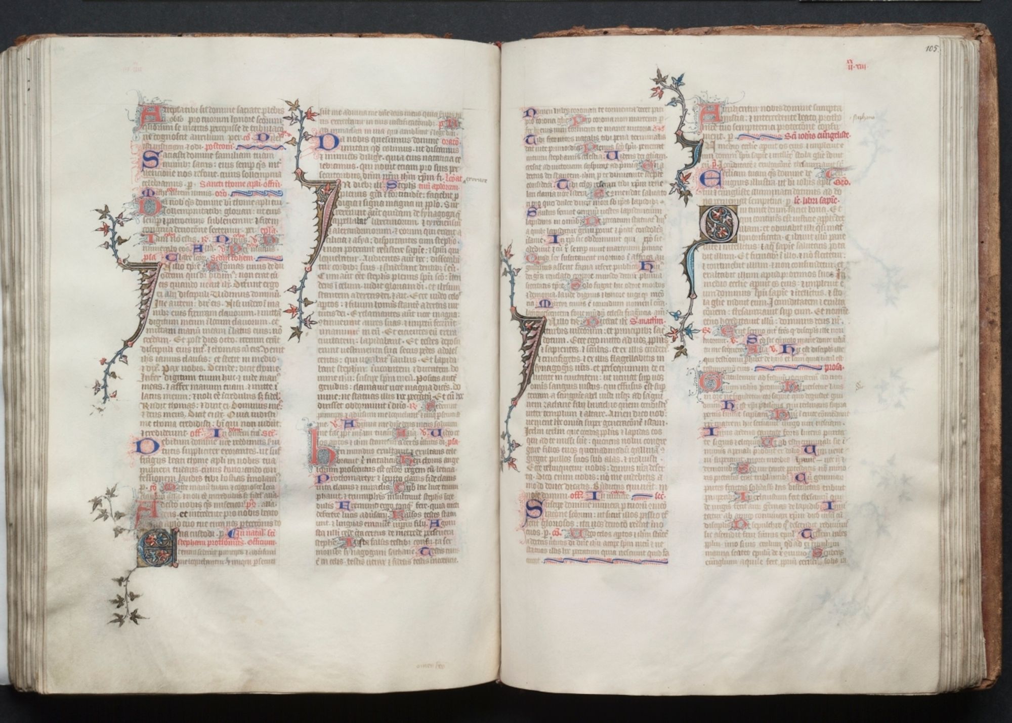 This elegant Latin manuscript is known today as The Gotha Missal after its eighteenth-century owners, the German Dukes of Gotha. The volume was originally copied and illuminated in Paris around 1375 -- a commission of the Valois king, Charles V "the Wise" (1364-1380), one of the great bibliophiles of the fifteenth century and brother of Dukes Philip the Bold of Burgundy and Jean de Berry. Manuscript missals were not intended for the lay user, but rather for the use of the celebrant at Mass. The present volume was therefore meant to be used by the king's private chaplain and was probably housed in Charles's private chapel, possibly in his principle residence, the Palace of the Louvre (demolished in the sixteenth century). The main decorative body of the missal consists of two full-page miniatures comprising the Canon of the Mass and twenty-three small miniatures. The style and high quality of the decoration points to its inclusion withing a select group of manuscripts accepted today as from the hand of Jean Bondol. Bondol was active at the court of Charles V from 1368 until 1381 where he headed the court workshop and also served as the king's valet de chambre. The blind-tooled leather binding dates to the fifteenth century.