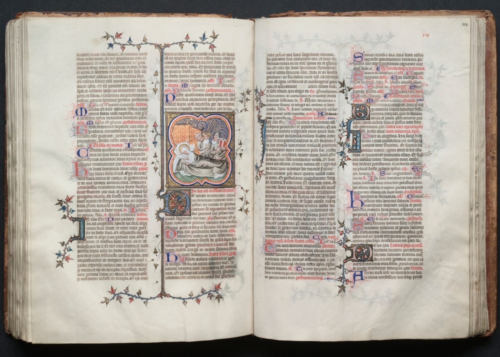 This elegant Latin manuscript is known today as The Gotha Missal after its eighteenth-century owners, the German Dukes of Gotha. The volume was originally copied and illuminated in Paris around 1375 -- a commission of the Valois king, Charles V "the Wise" (1364-1380), one of the great bibliophiles of the fifteenth century and brother of Dukes Philip the Bold of Burgundy and Jean de Berry. Manuscript missals were not intended for the lay user, but rather for the use of the celebrant at Mass. The present volume was therefore meant to be used by the king's private chaplain and was probably housed in Charles's private chapel, possibly in his principle residence, the Palace of the Louvre (demolished in the sixteenth century). The main decorative body of the missal consists of two full-page miniatures comprising the Canon of the Mass and twenty-three small miniatures. The style and high quality of the decoration points to its inclusion withing a select group of manuscripts accepted today as from the hand of Jean Bondol. Bondol was active at the court of Charles V from 1368 until 1381 where he headed the court workshop and also served as the king's valet de chambre. The blind-tooled leather binding dates to the fifteenth century.