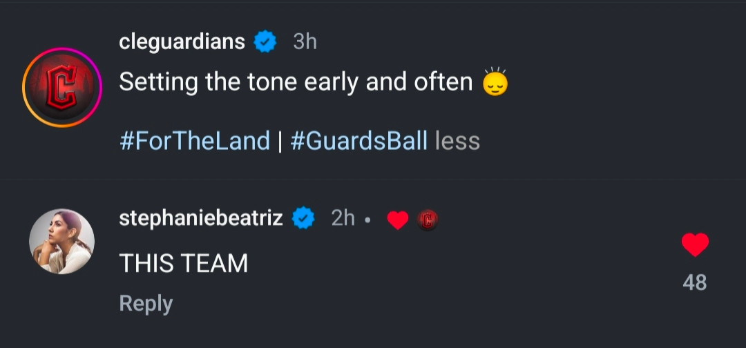 A Cleveland Guardians Instagram post about today's win, Stephanie Beatriz's response reads "THIS TEAM"