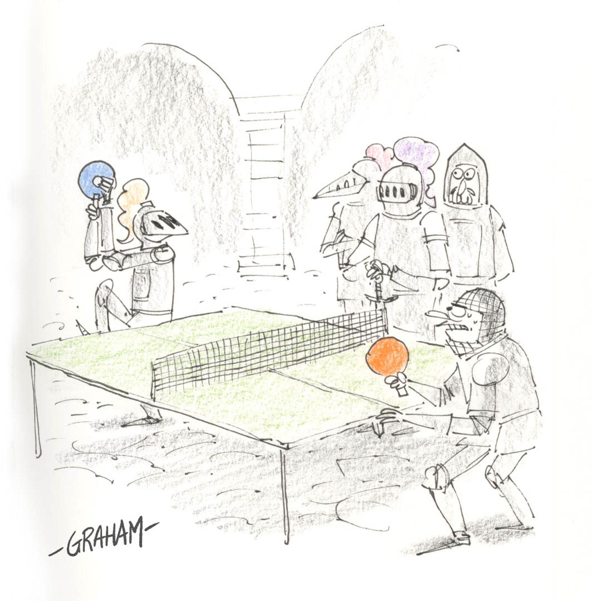 A cartoon illustration of two knights getting ready to play ping pong while another group of three knights watches the match.