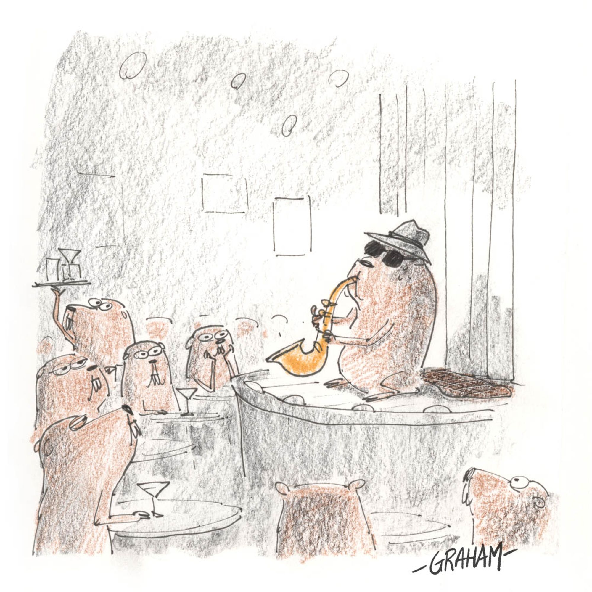 A cartoon illustration of a beaver wearing a hat and sunglasses playing the saxophone in a jazz club full of other beavers watching.