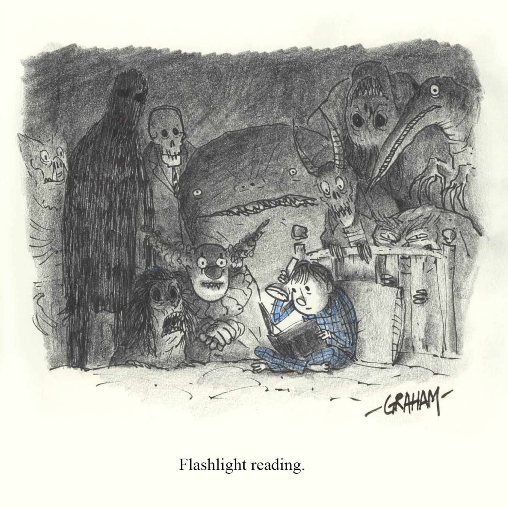 A cartoon illustration of a boy reading a scary book with a flashlight in bed. He is surrounded by frightening looking creatures of all kinds in the dark.