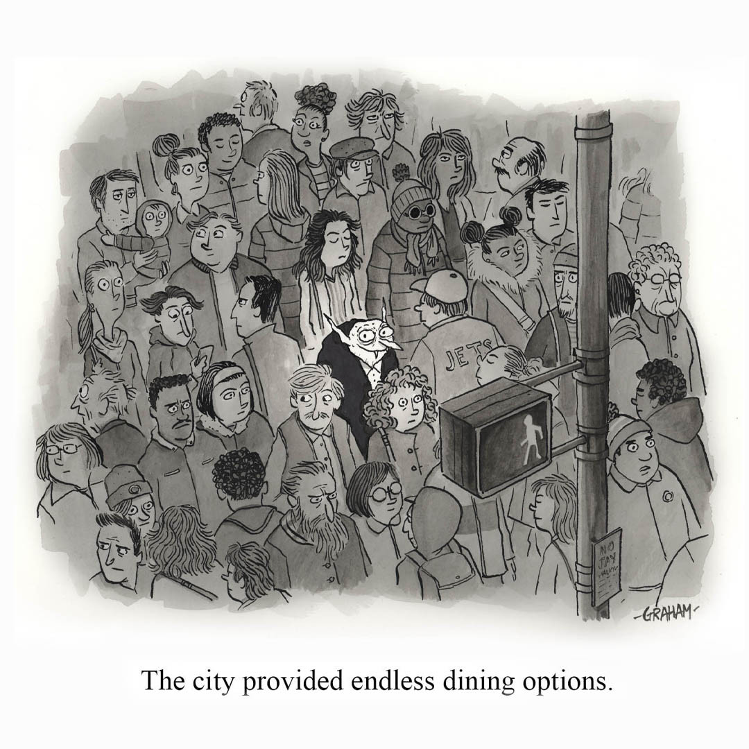 A cartoon illustration of a smiling sweaty vampire on crowded sidewalk surrounded by a lot of people. The caption underneath reads "The city provided endless dining options."