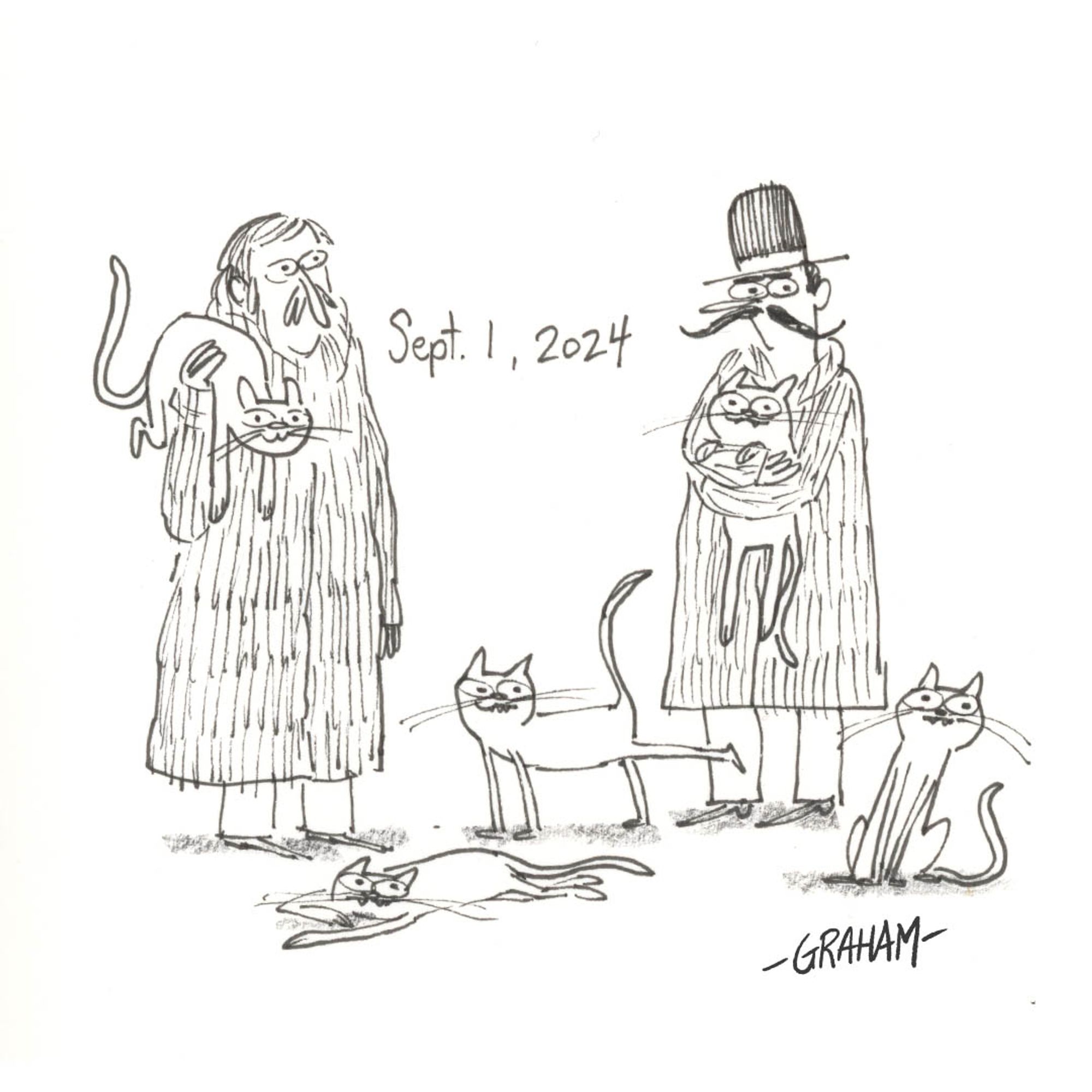 A cartoon illustration of two mustachioed men in fur coats with a number of cats.