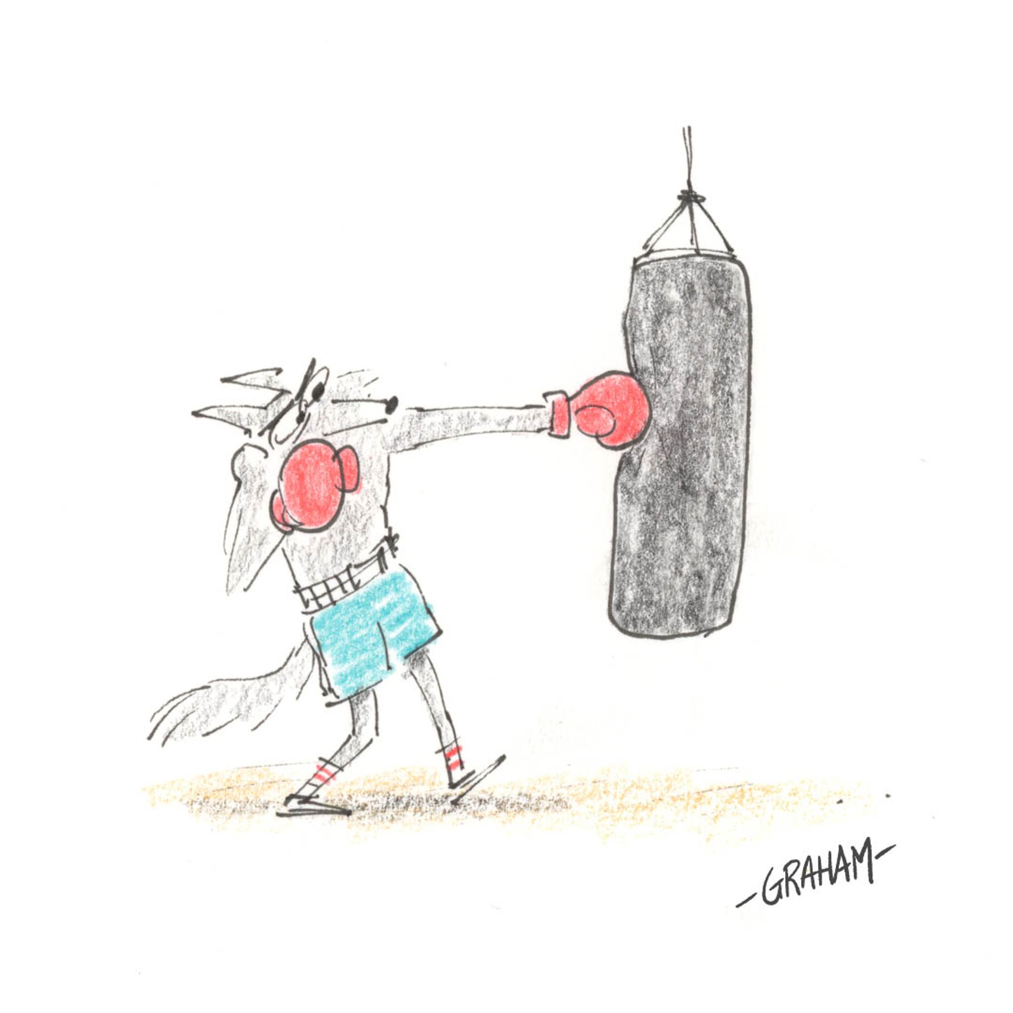 A cartoon illustration of a wolf dressed as a boxer punching a heavy bag.