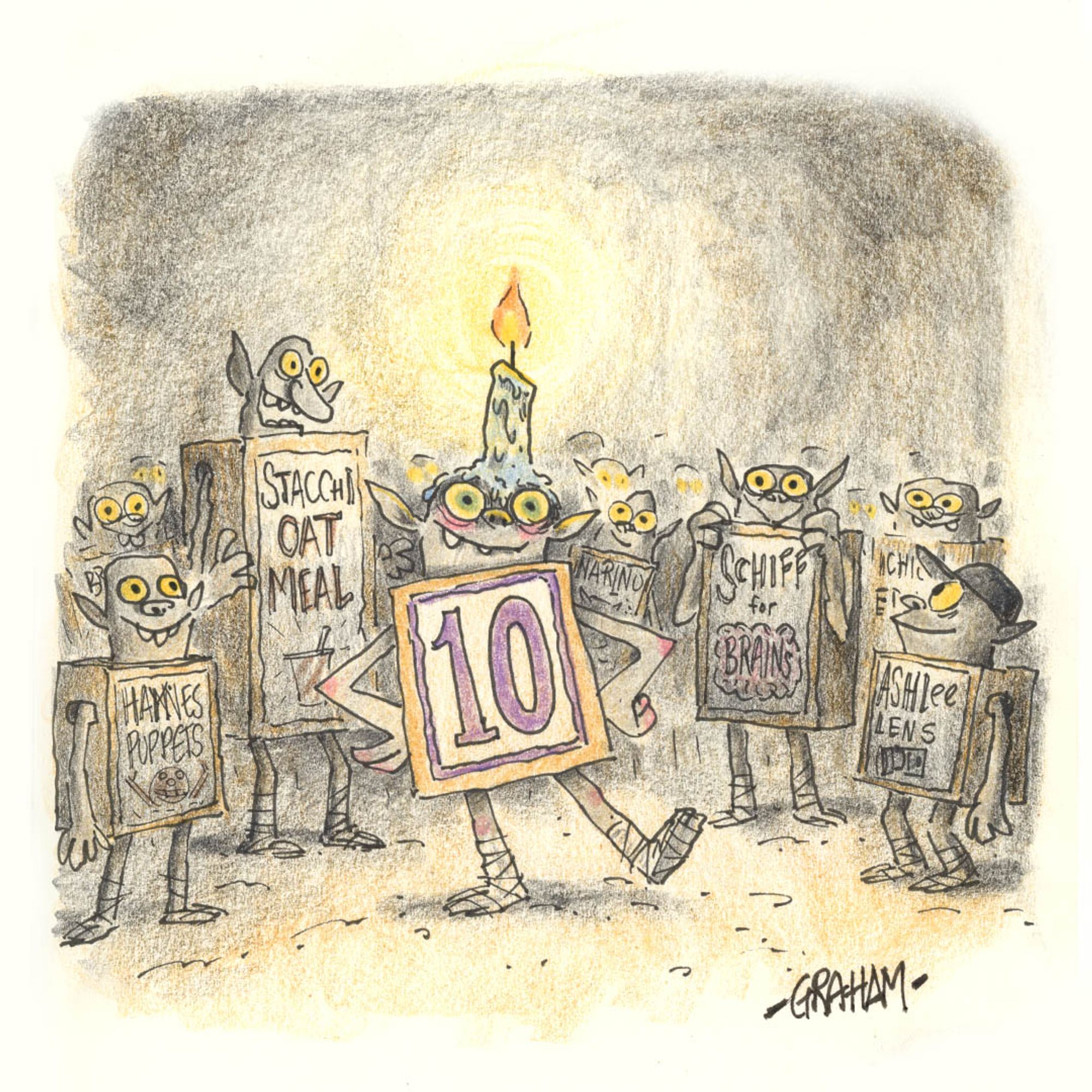 A cartoon illustration of a boxtroll with a candle on its head and the number '10' on its box, surrounded by a large group of other boxtrolls looking at the candle.