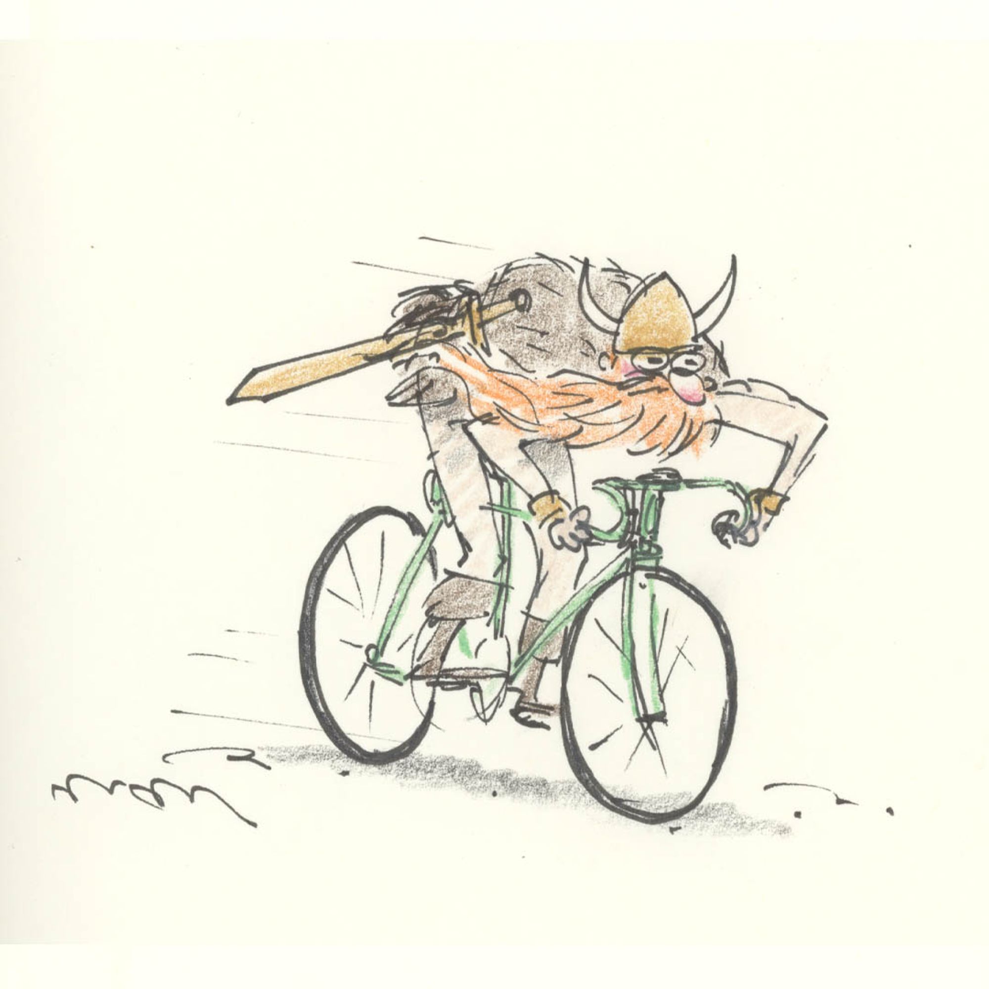 A cartoon illustration of a viking riding a ten speed bike.