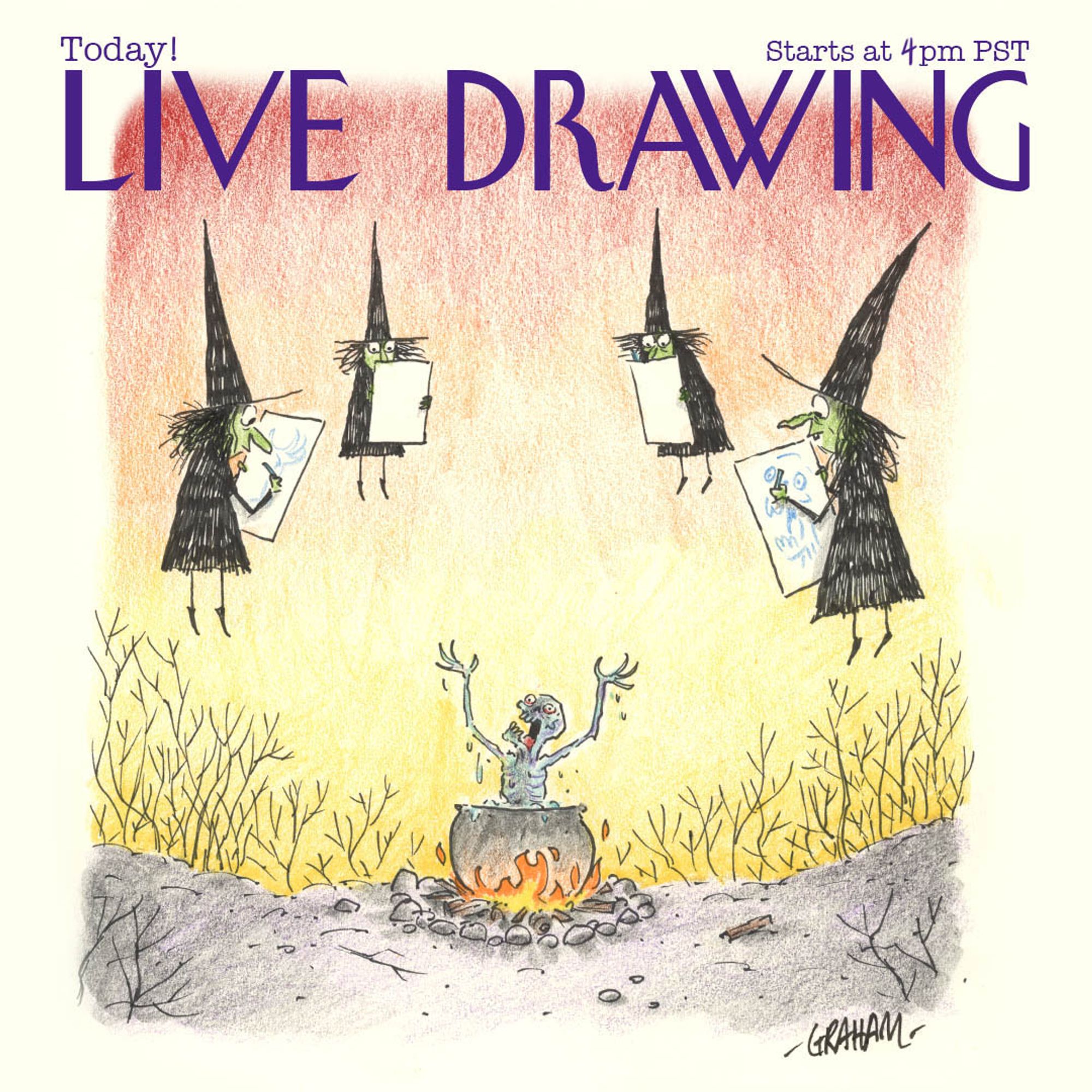 A cartoon illustration of 4 witches levitating and sketching a skeleton creature coming out of a burning cauldron. The title "LIVE DRAWING Today! Starts at 4pm PST" is over the image at the top.