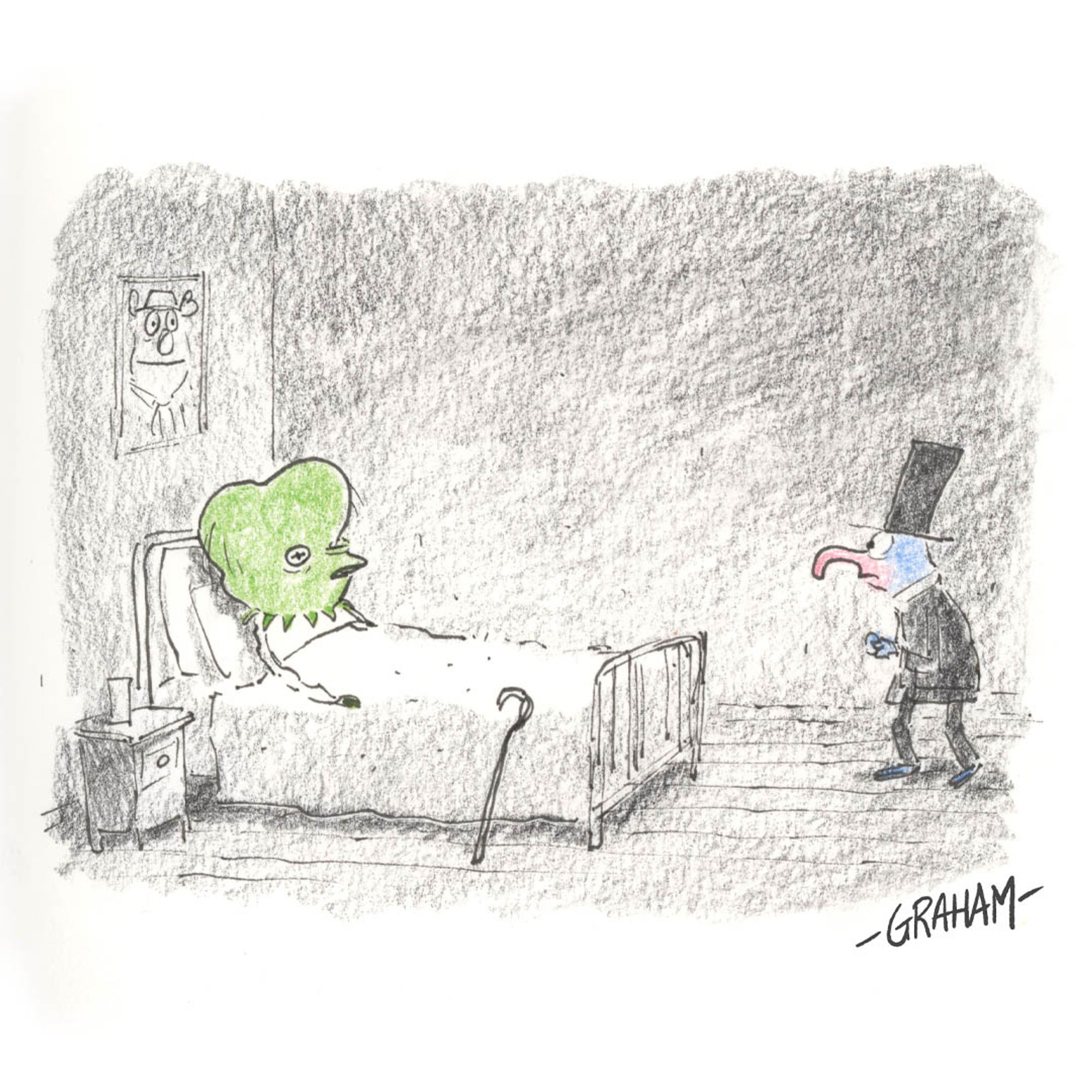 A cartoon illustration of Kermit as the Elephant Man lying in bed and Gonzo as Dr. Frederick Treves.