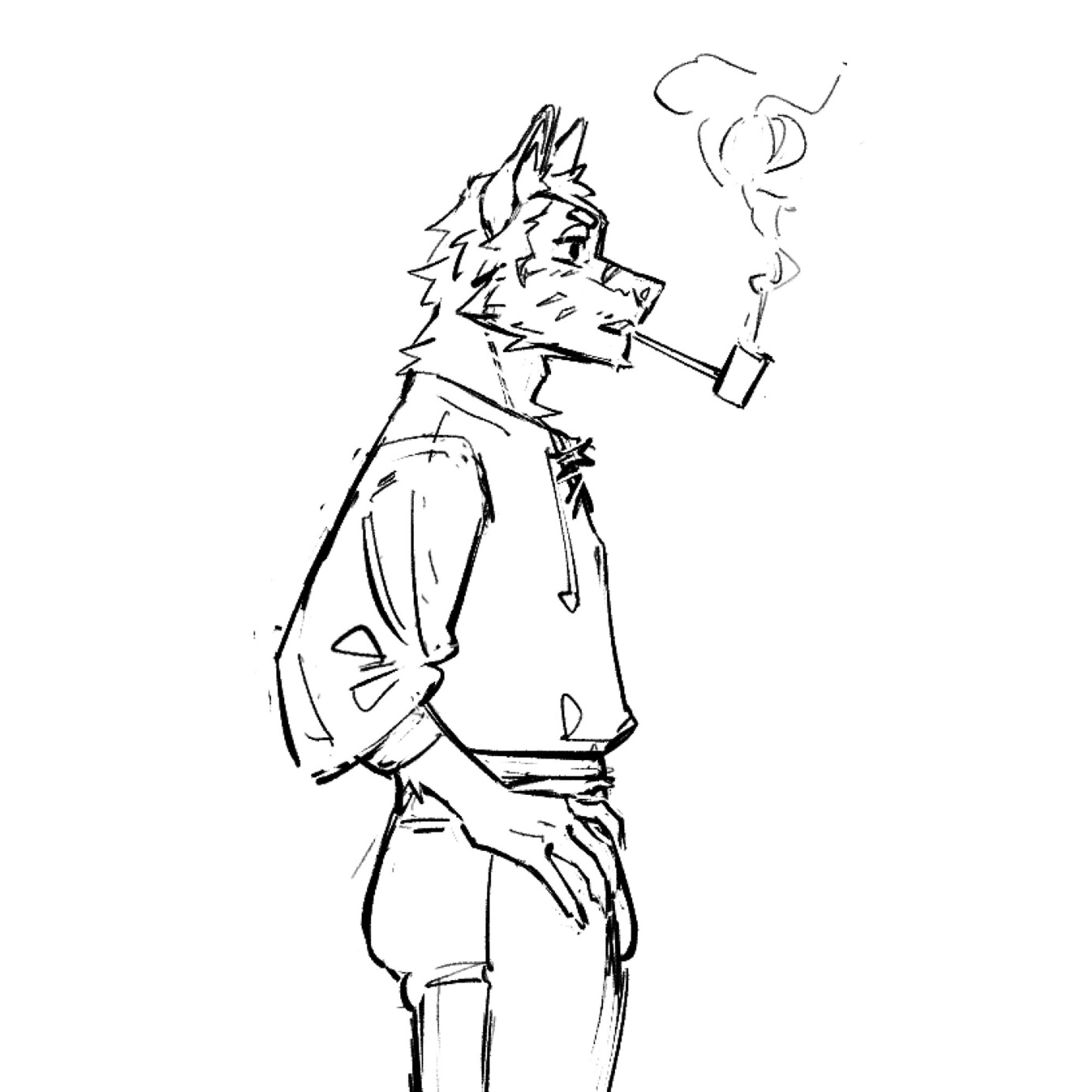 A sketch of an anthropomorphic coyote in a tunic with his hand on his hip and a pip in his mouth.