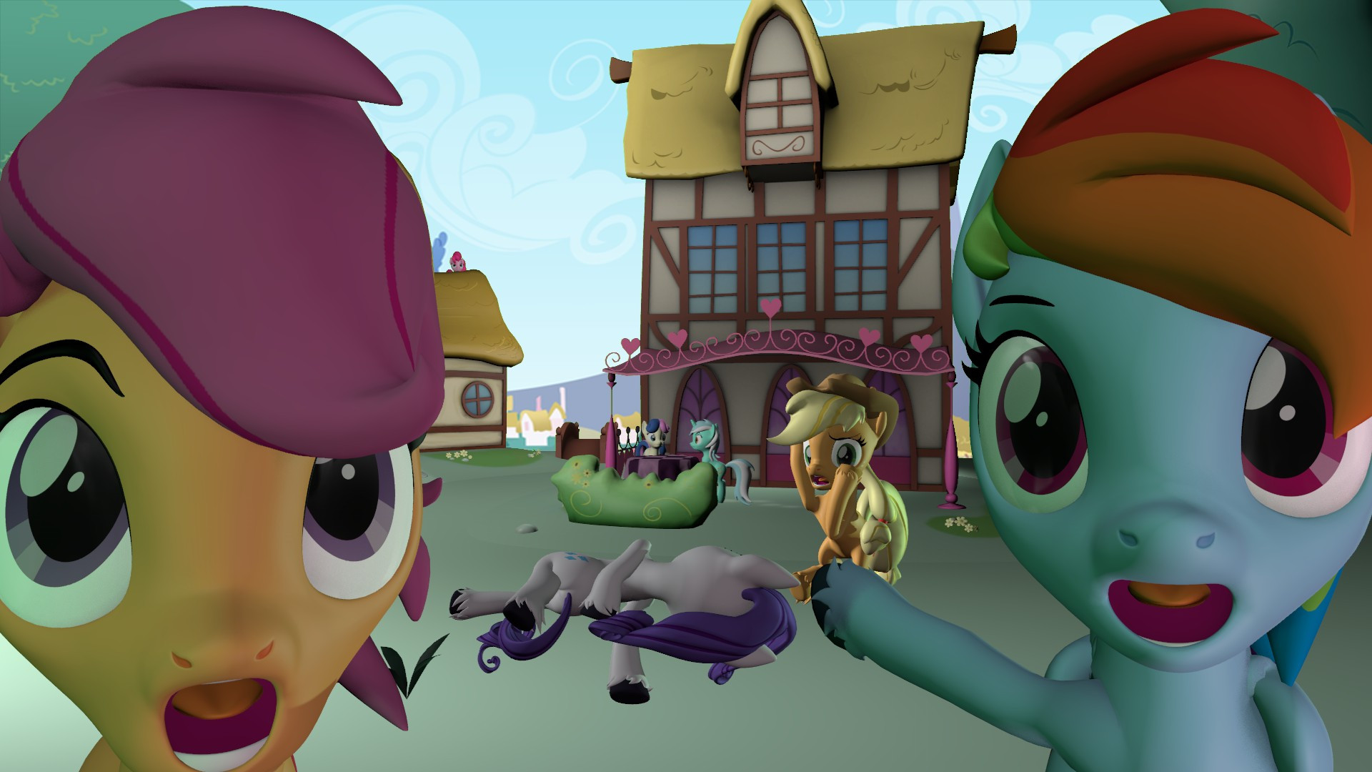 Rainbow Dash on the right side of the screen is pointing with a shocked expression at a collapsed Rarity as she does the family guy death pose in the center of the screen. On the left side of the screen is Scootaloo who also has a shocked expression. Behind Rarity is Applejack who is looking down at Rarity in fear and concern