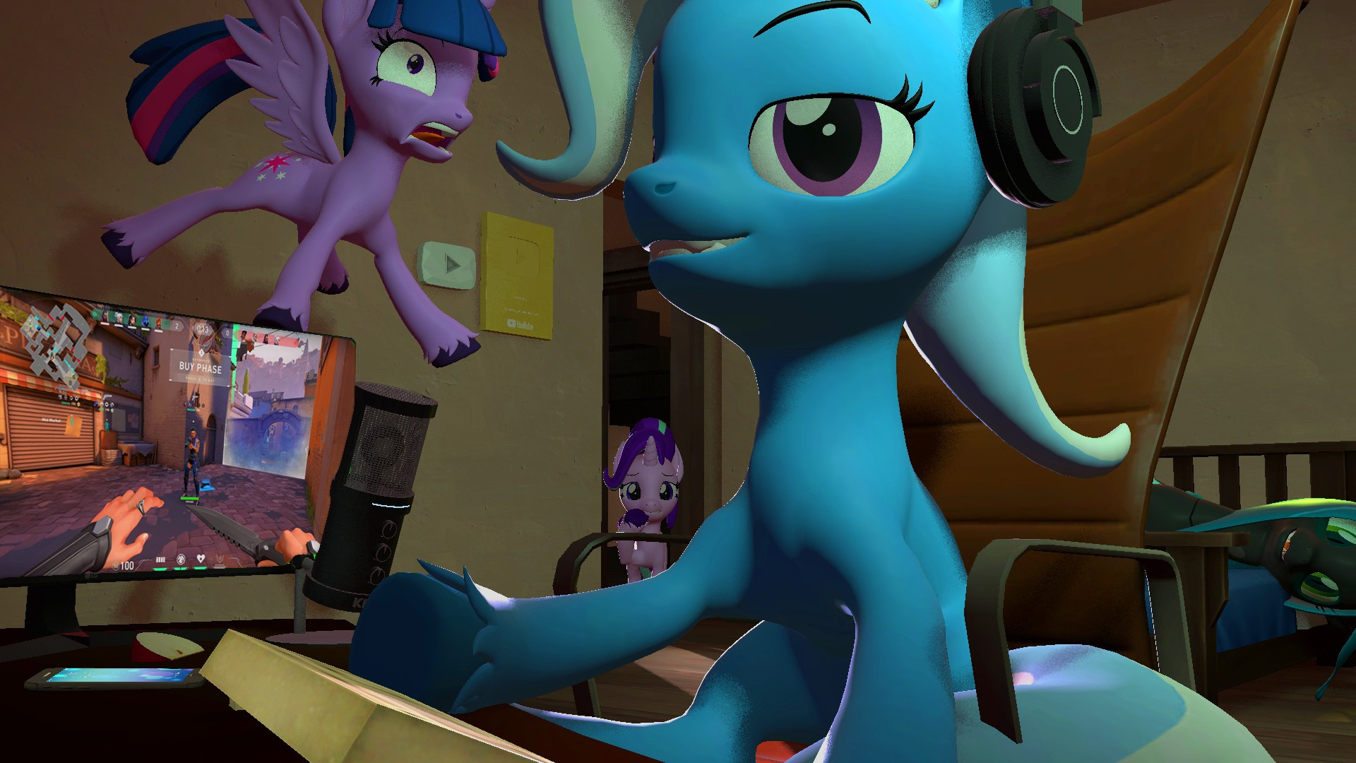 Trixie Lulamoon, staring at the viewer with a smug look, is sat at a desk with a computer screen to her right which has valorant gameplay on it. Behind her are Twilight Sparkle who is in the air with a scared expression. Far off in a door way Starlight Glimmer is staring at Trixie with a concerned expression.