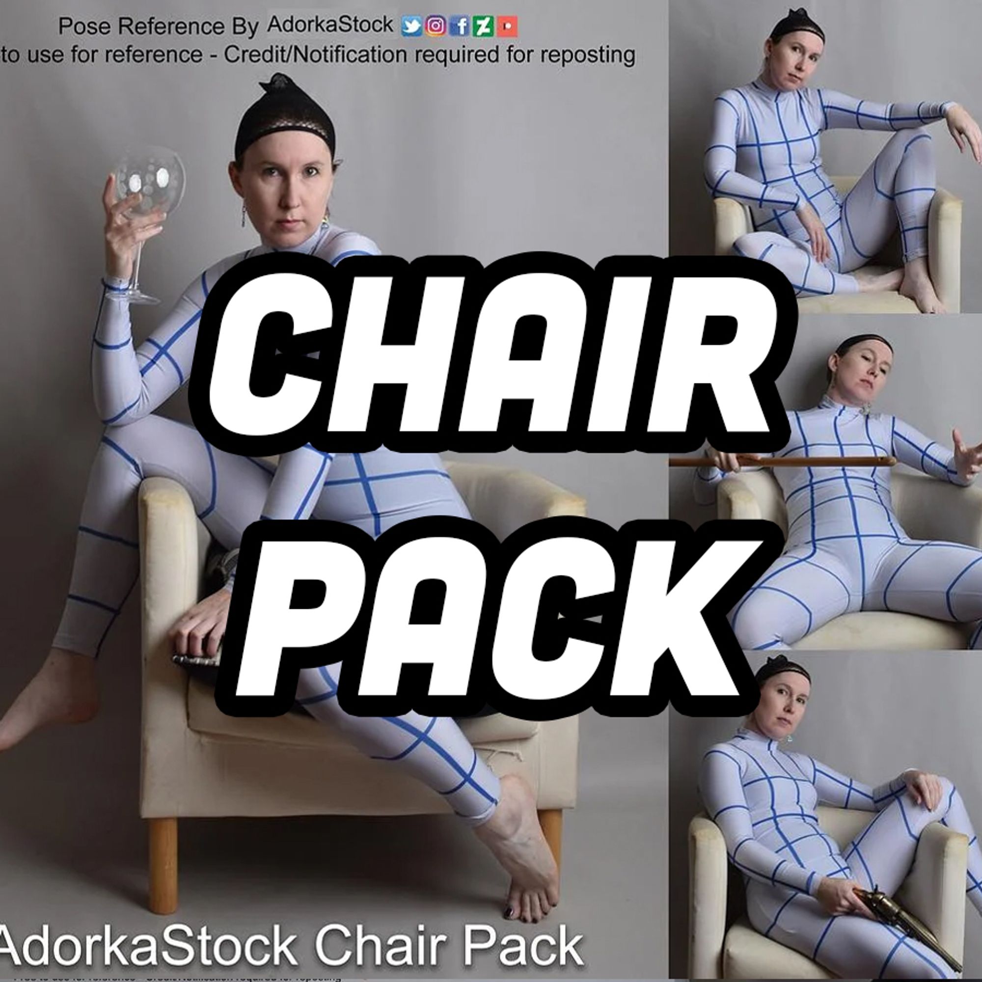 Preview of the Chair Pack, pose references of a thin, white, female model in a grid suit sitting on a chair in various ways