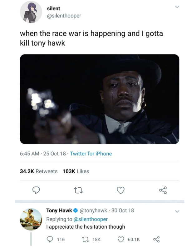 Old tweet, with photo of Wesley Snipes crying and holding gun: "when the race war is happening and I gotta kill Tony Hawk"

Actually Tony Hawk: "I appreciate the hesitation though"