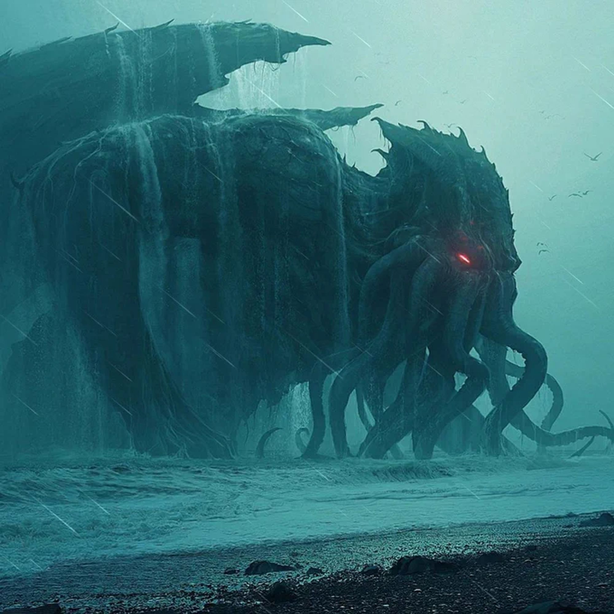 Illustration of mighty Cthulhu raising his massive tentacles and winged body from the depths to feast upon the gnats that are humanity