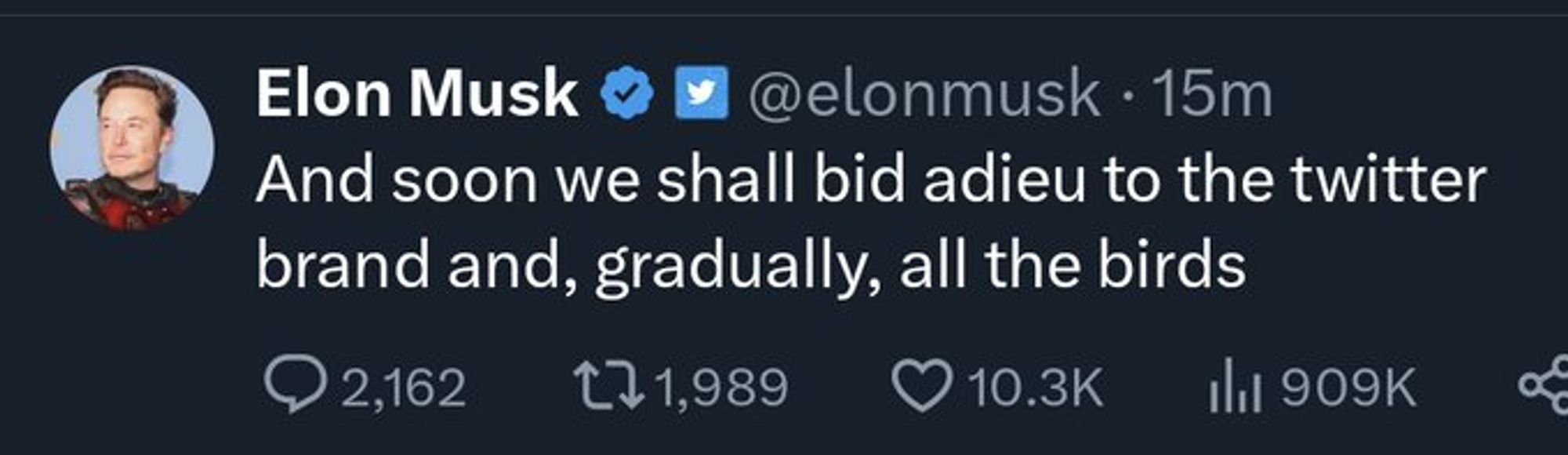 Elon Musk tweet: And soon we shall bid adieu to the twitter brand and, gradually, all the birds