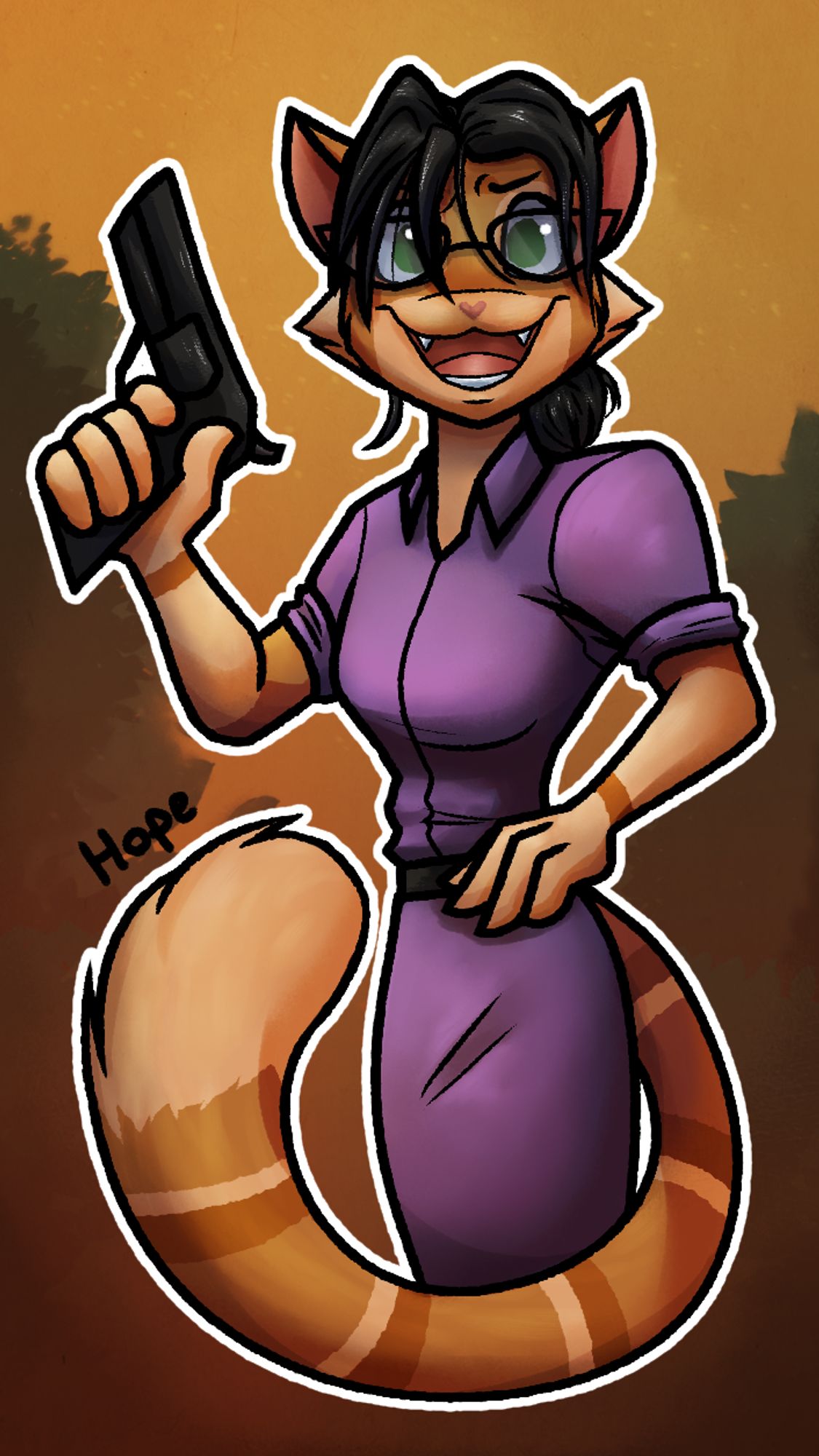 Miss Pauling from TF2, but she's an anthro cat holding a pistol. 