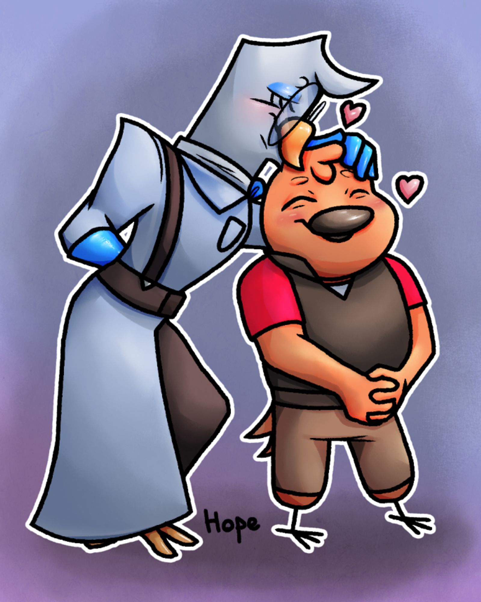 (Lil Pootis cartoon TF2) Lil Medic kissing Lil Pootis on top of the head. They are both blushing,