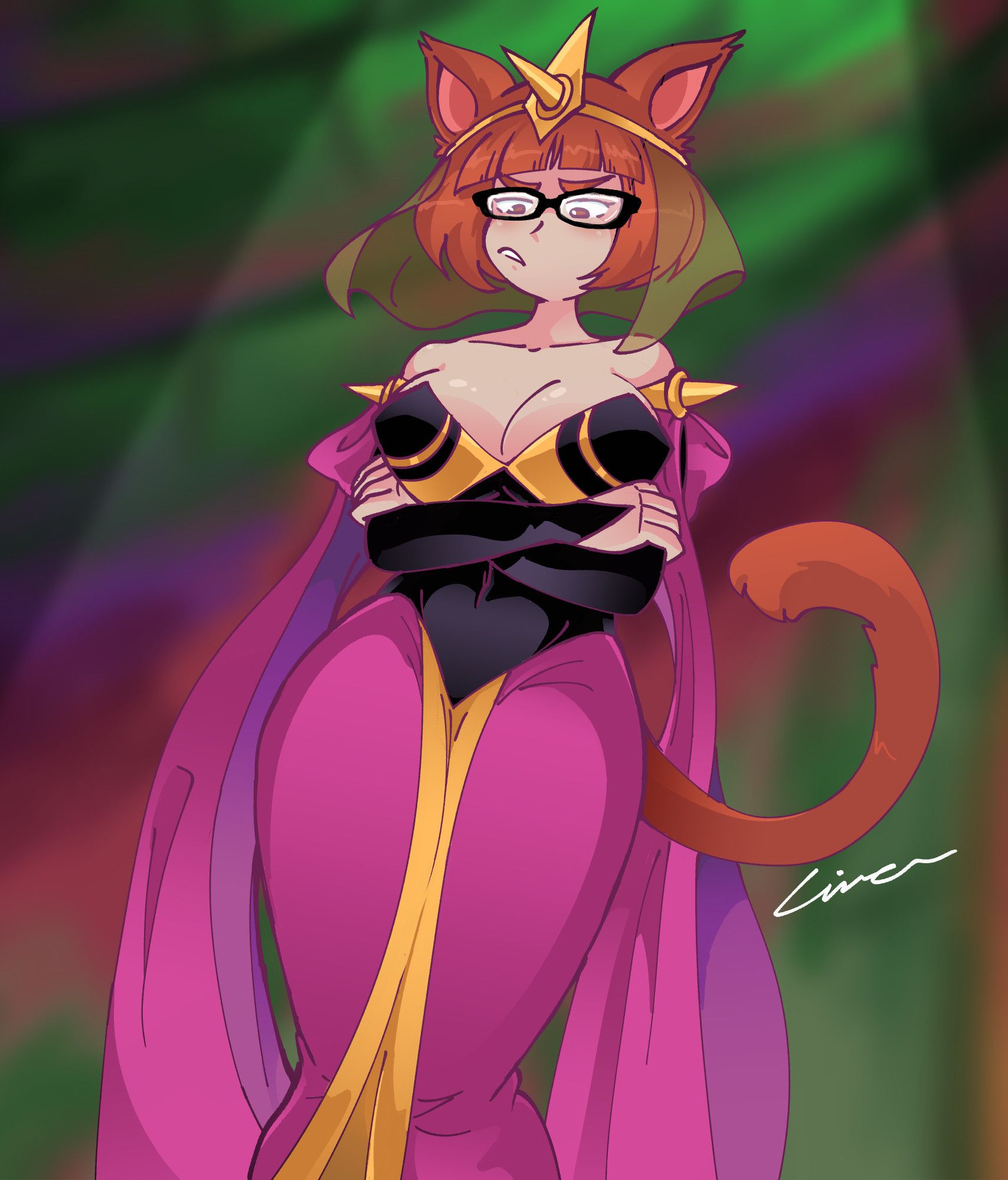 A red-haired catgirl wearing glasses and a queenly ensemble styled after the character Ludmilla from Bartok the Magnificent.