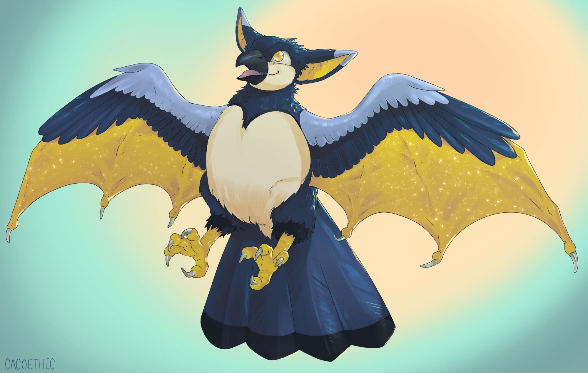 A cute-style drawing of a round bird who is a combination of a Hyacinth macaw and a Honduran white bat. The top of the wings are blue and feathered while the rest is sparkling gold and batlike. They spread their wings happily.