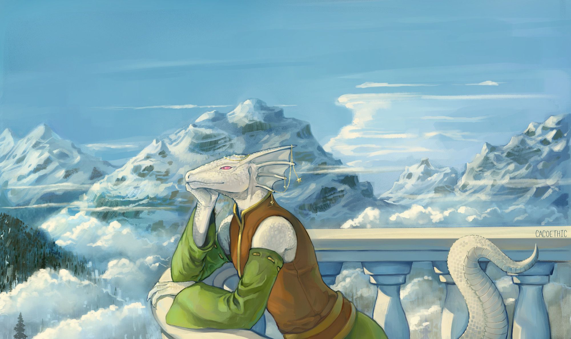 A lizard lady leans against a balustrade and gazes longingly out at the snowy mountains. She has white scales, pink eyes and delicate gold jewellery on her fins.