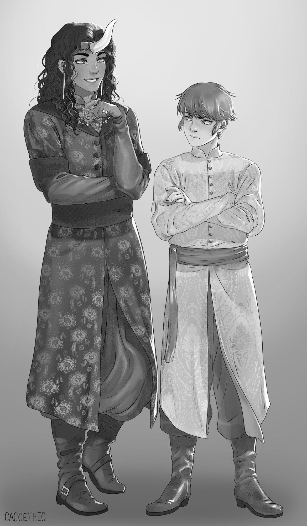 A digital greyscale shaded drawing of two men standing together. The taller one, Edham has jewellery and brown skin, including a circlet that frames a horn emerging from the centre of his forehead like a unicorn. He has long wavy hair and an easygoing, amused expression. He smiles at the shorter one, Joska, who is stubbornly crossing his arms and staring back. He has paler skin with what looks like slight facial freckling or flushing. Both are in traditional dress with hand-rendered patterns. Edham wears Ottoman-style clothing with a paisley-like appearance, and Joska wears a lighter, Hungarian coat with a more rigid floral pattern.