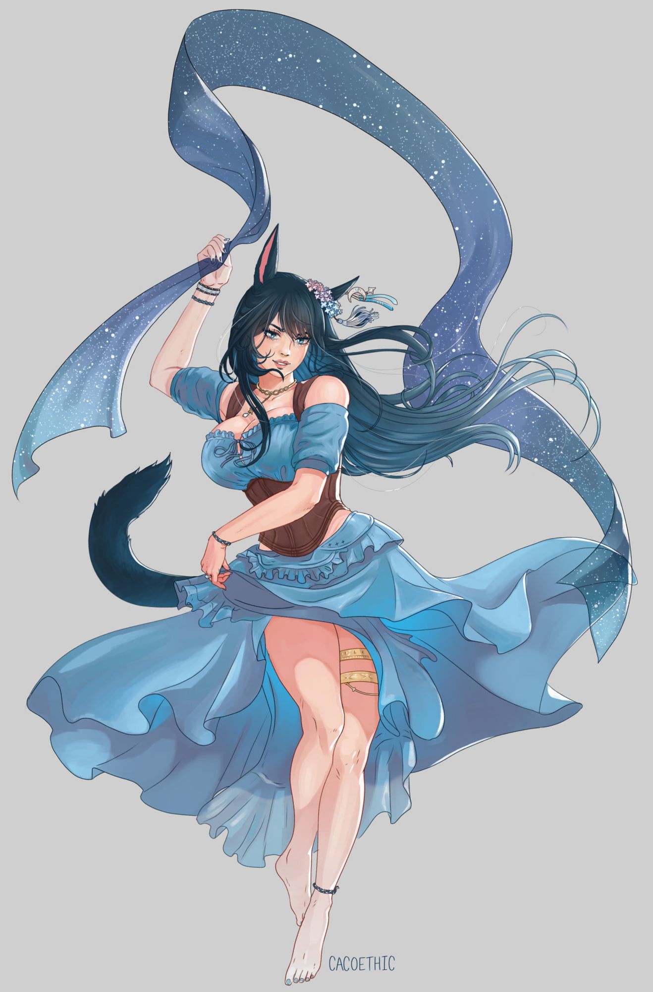 An inked and coloured picture of a Final Fantasy XIV OC called Megumi. She is Miqo'te and has pointy black ears and fluffy tail. She's smiling, standing on her tiptoes in a dancing pose and wearing a long flowing blue dress which is fluttering outwards dramatically. Her hair is blue-black, starting dark at the roots and fading pale blue at the tips, and it flutters in wild strands with her movement. She holds the dress hem in one hand and swings a starry, sparkling, translucent scarf in an arc over her head. She wears an elaborate earring and headdress that trail with her movements.