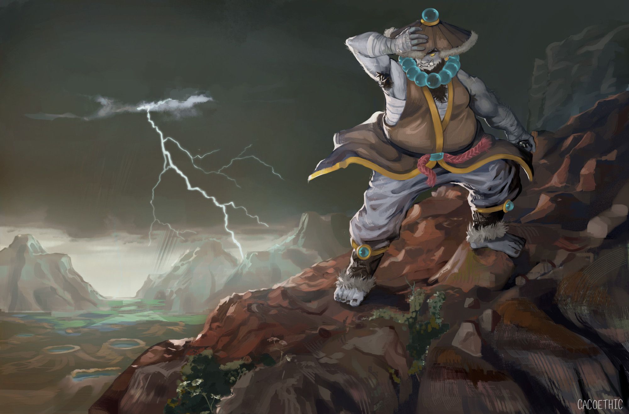 A painting. An orc stands in a rocky wasteland environment, bracing against the wind. He wears a conical hat and a martial arts outfit. In the back there are pockmarked geysers and mountains, and lightning strikes from the sky.