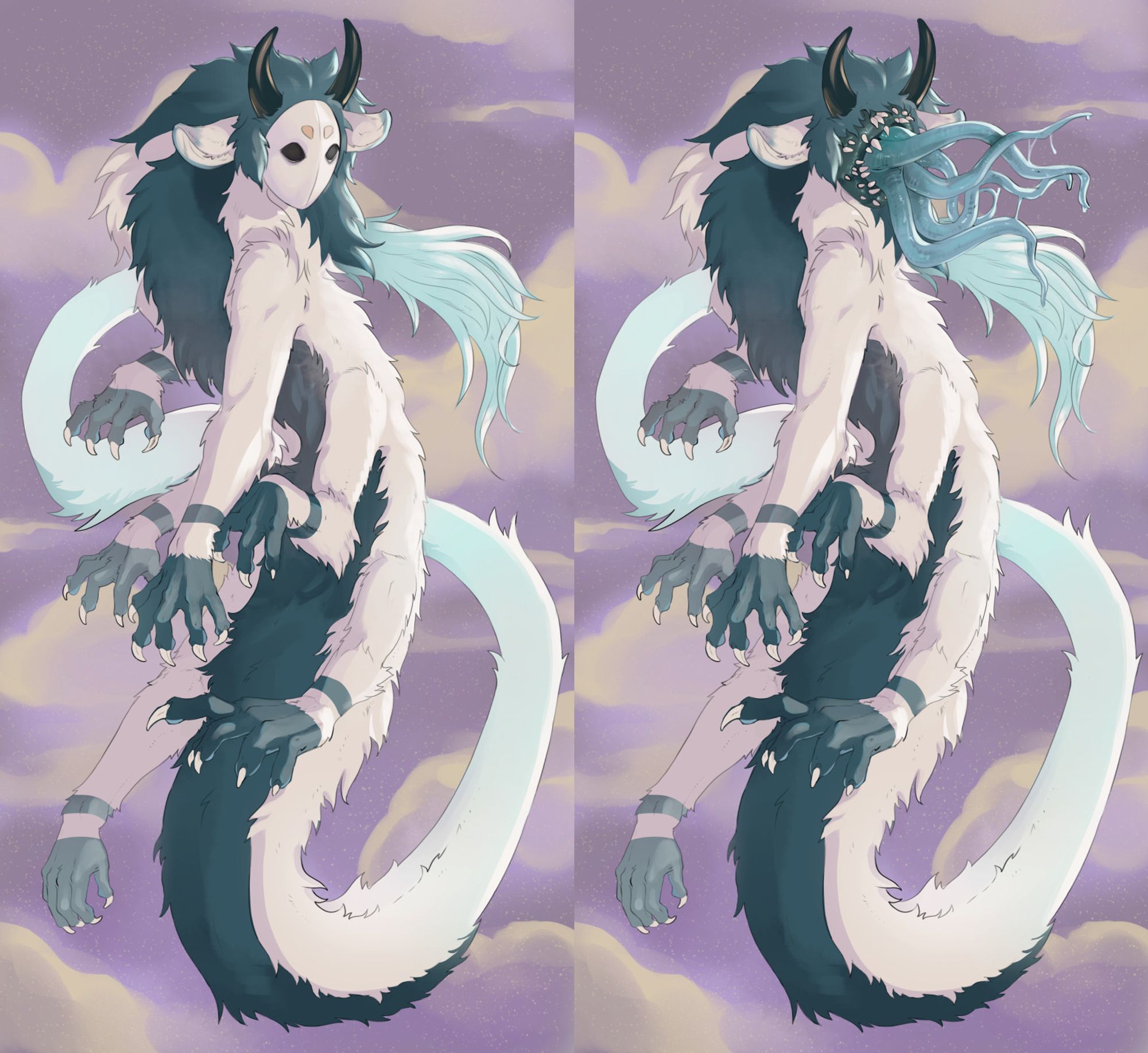 A long noodly creature with white and dark teal fur, 6 limbs and black horns is sprawling in a nebulous cloud background. In the first version of the image it wears a white flat mask with eyeholes and round brow markings. In the second image the mask is off and its face is a teeth-riddled, round hole mouth with tentacles emerging out of it! Smacks lips loudly and furiously