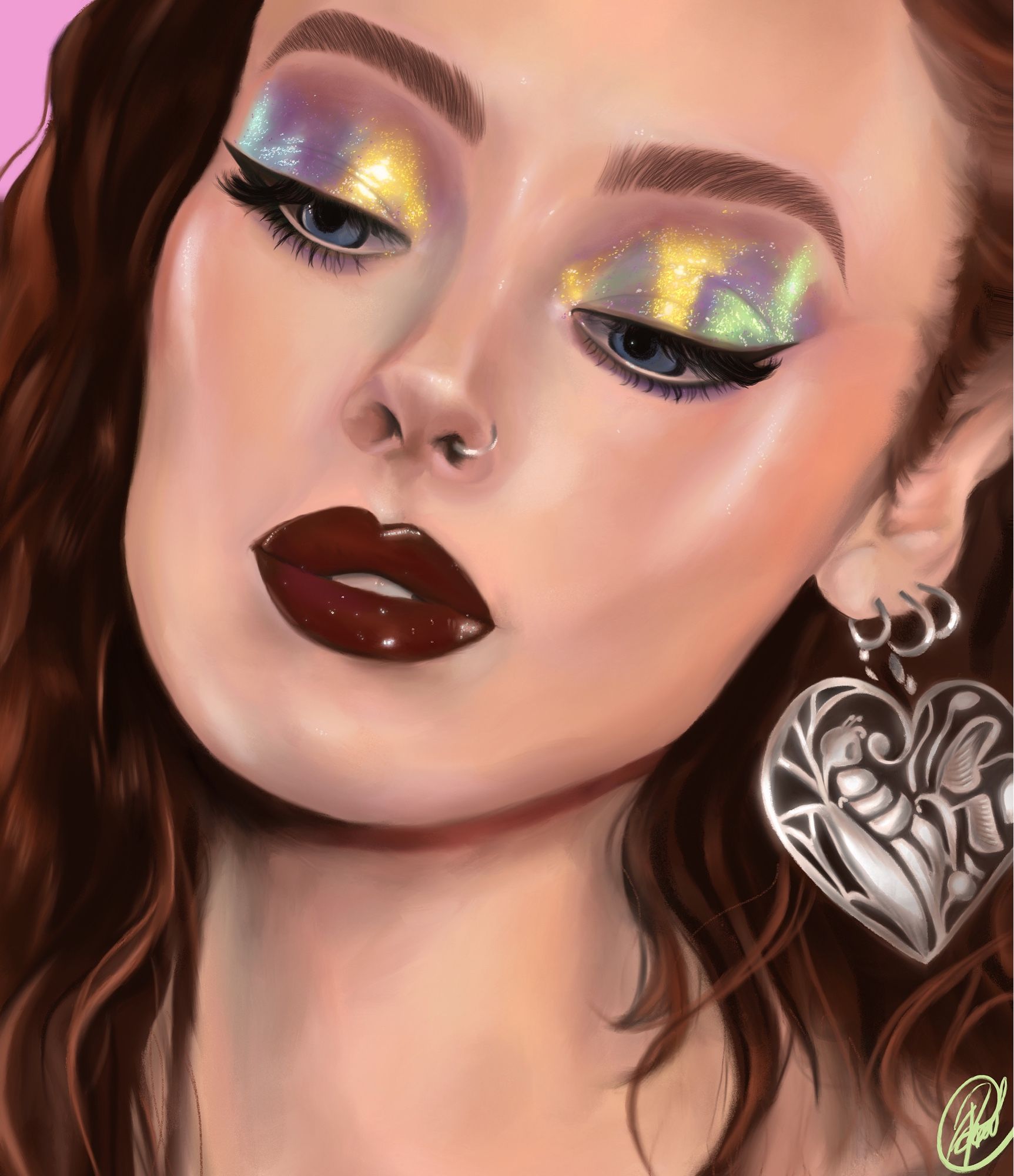 A painting of a model with really pretty pearlescent eyeshadow makeup and red lipstick.