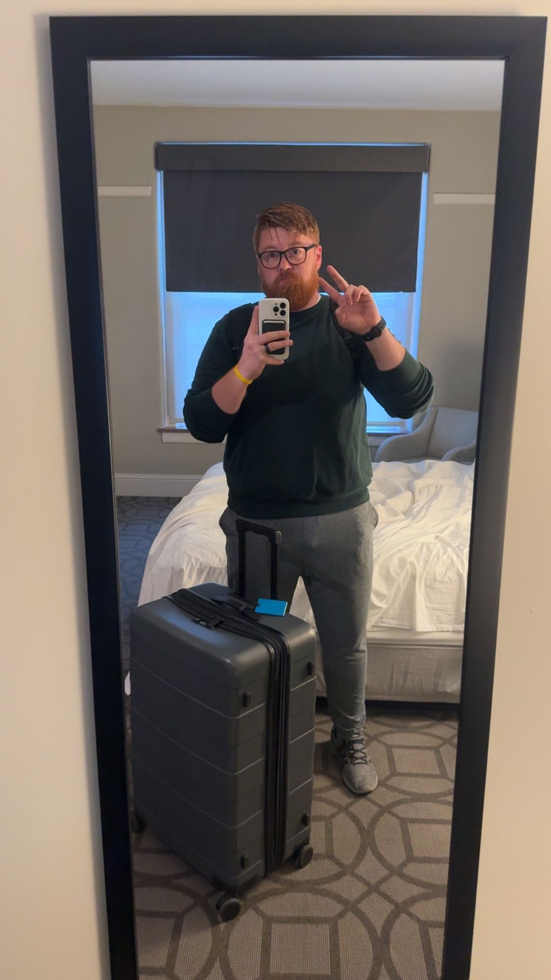 Ginger cub in gray sweatpants and a green sweatshirt with a suitcase