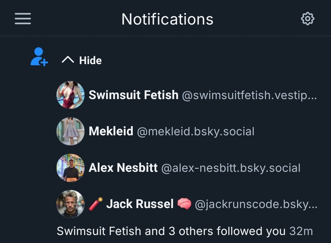 New follower notifications showing I'm now followed by the Account "Swimsuit Fetish"